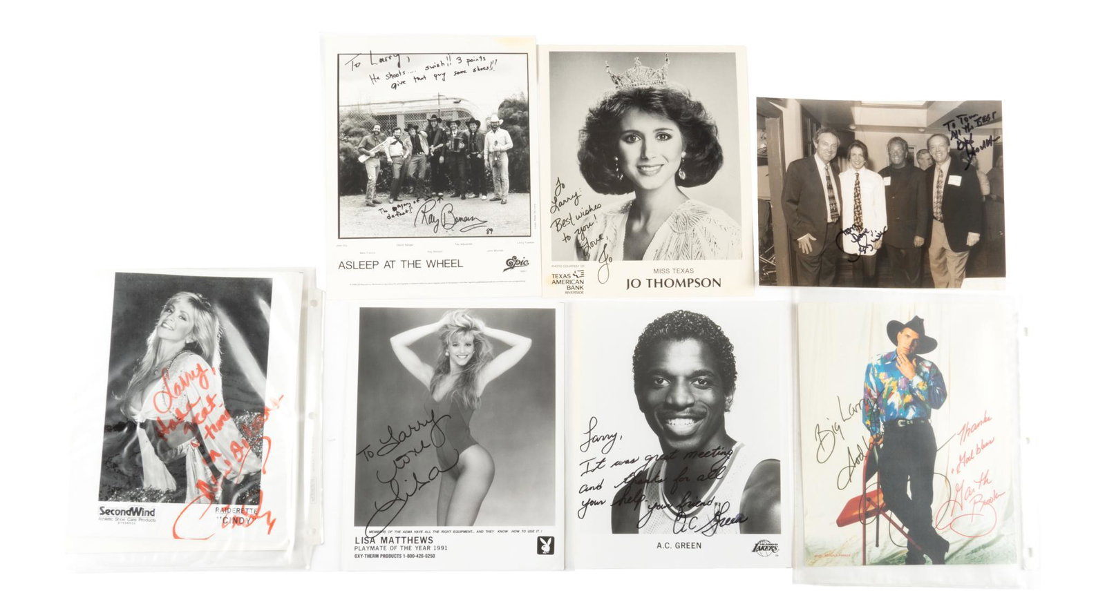 Set of 7 Photos Signed to Larry Falk: Set of 8 photos signed to Larry Falk from Asleep at the Wheel's Ray Benson, Miss Texas Jo Thompson, photo signed by Lesley Visser and Dick Stockton, Oakland Raiderette Cindy, Playmate of the Year 1991