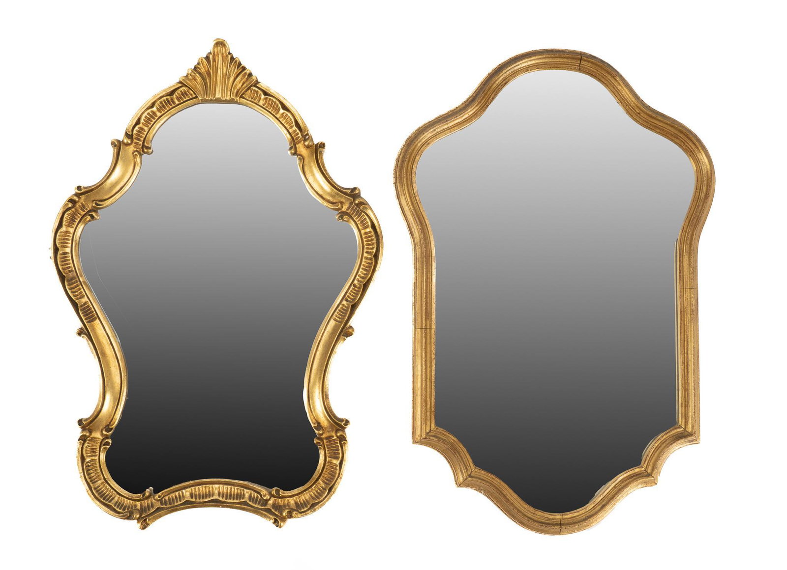 Pair of Giltwood Wall Mirrors: Pair of hanging wall mirrors, featuring gilt organic shaped frames, one with carved accents 25"h x 17"w x 1"d Condition: One with previous repair Provenance: A San Antonio, Texas collectio
