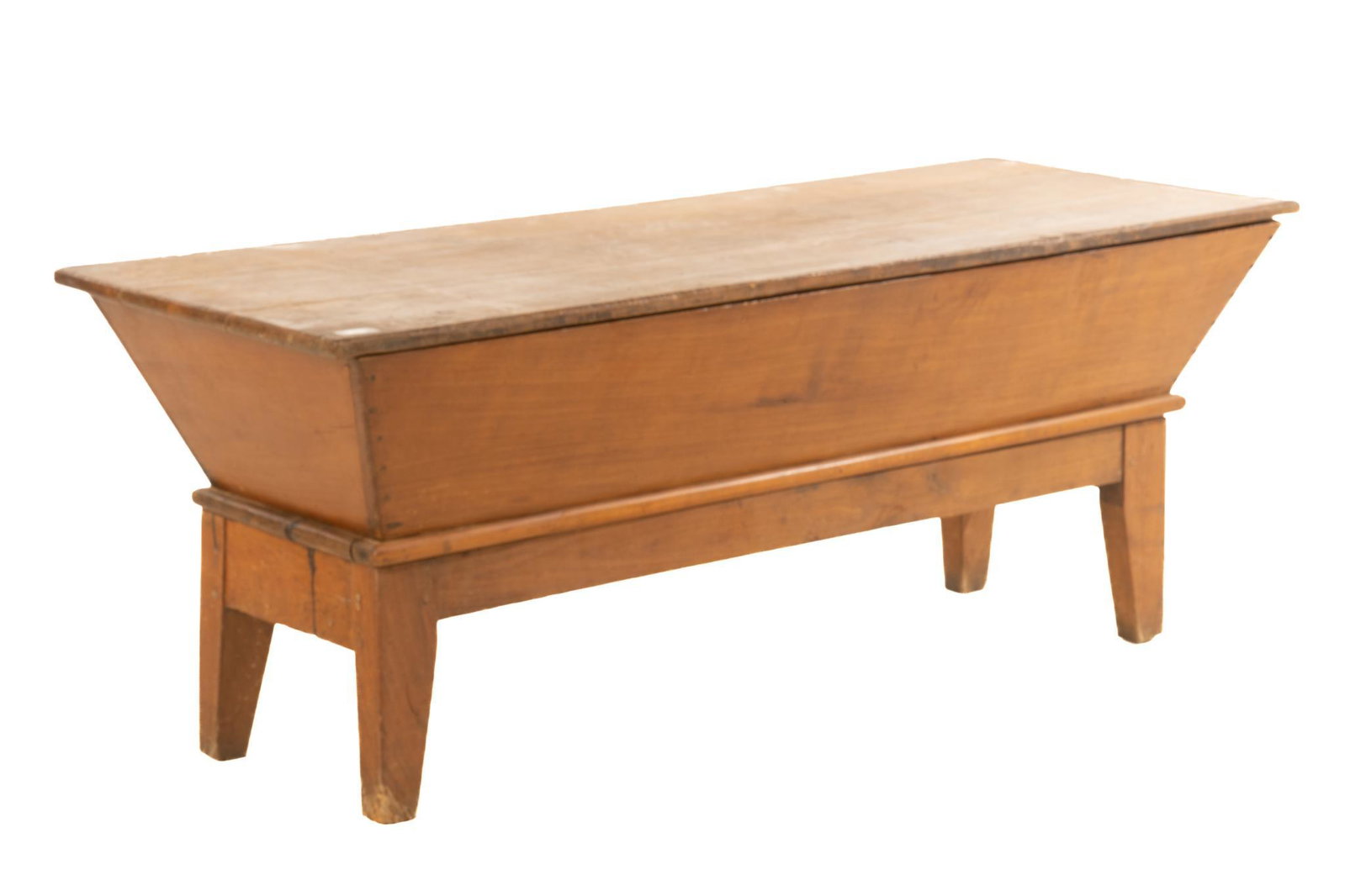 French Farmhouse Dough Box on Stand: French farmhouse fruitwood doughbox, having lid, supported on stand rising on tapered block legs, circa 19th century 25.5"h x 67"w x 24.5"d We happily provide seamless shipping services on