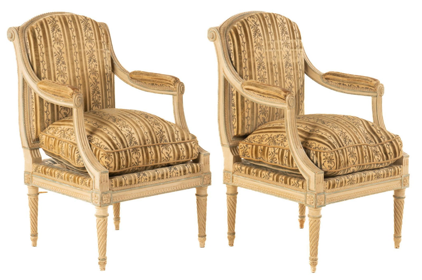 Pair of Louis XVI Style Chairs: Pair of Louis XVI style upholstered chairs, having painted beech frames, featuring carved rosette motif, rising on tapered legs, circa 19th century 37"h x 23"w x 25"d We happily provide se