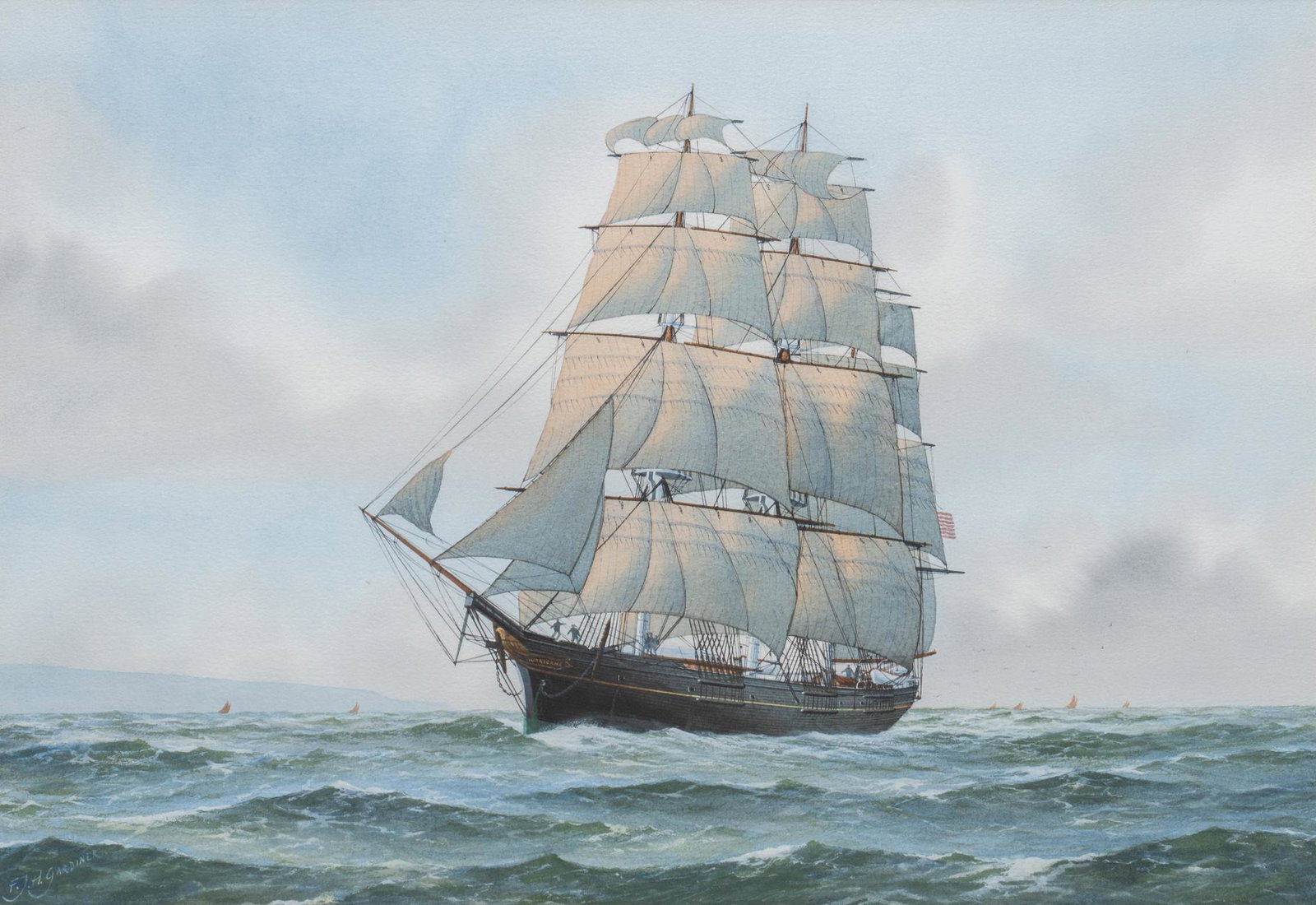 Frank J. H. Gardiner (b. 1942), "The Californian Clipper Hurricane": Frank J.H. Gardiner (b. 1942), "The Californian Clipper Hurricane", watercolor, sight: 14.5 x 21.25", frame: 21 x 27.5" Frank Joseph Henry Gardiner was raised in the London Docklands w