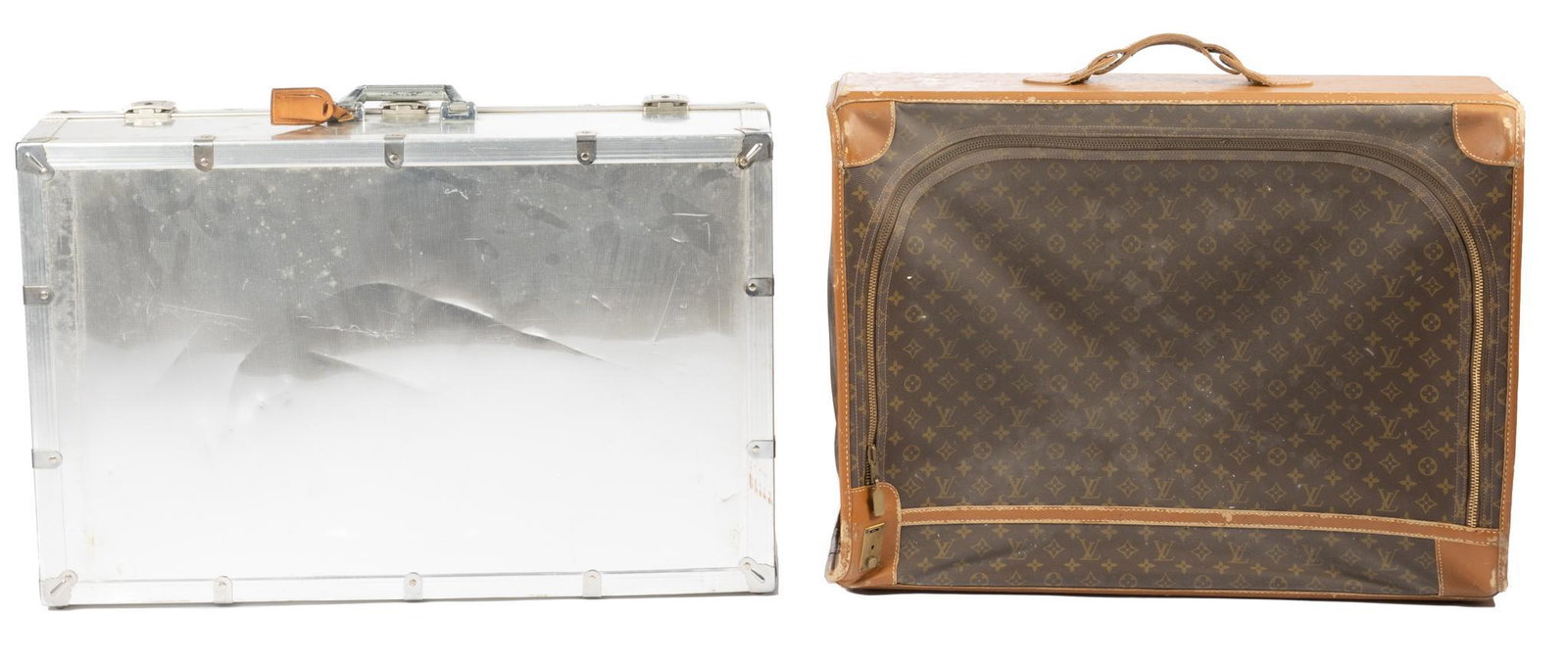 Pair of Hand-Held Luggage: Pair of hand-held luggage, to include aluminum case, featuring Louis Vuitton soft-side bag, marked 23"h x 29"w x 9"d / largest Provenance: The Estate of Mrs.Burton Grossman (San Antonio, T