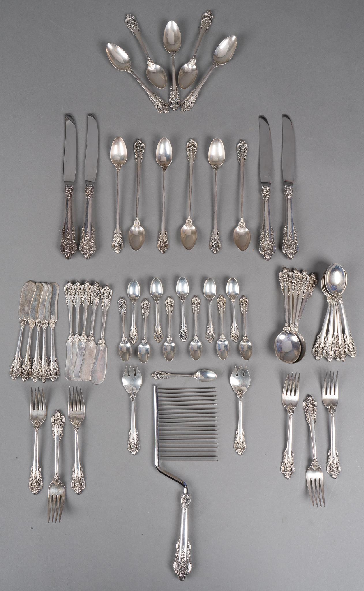 "Grande Baroque" Wallace Silversmiths Sterling Flatware Set: "Grande Baroque" by Wallace Silversmiths sterling silver flatware partial set of 56pc; no monogram or removal Includes: 4 dinner knives 9 3/4" 6 salad forks 6 5/8" 5 teaspoons 10 soup