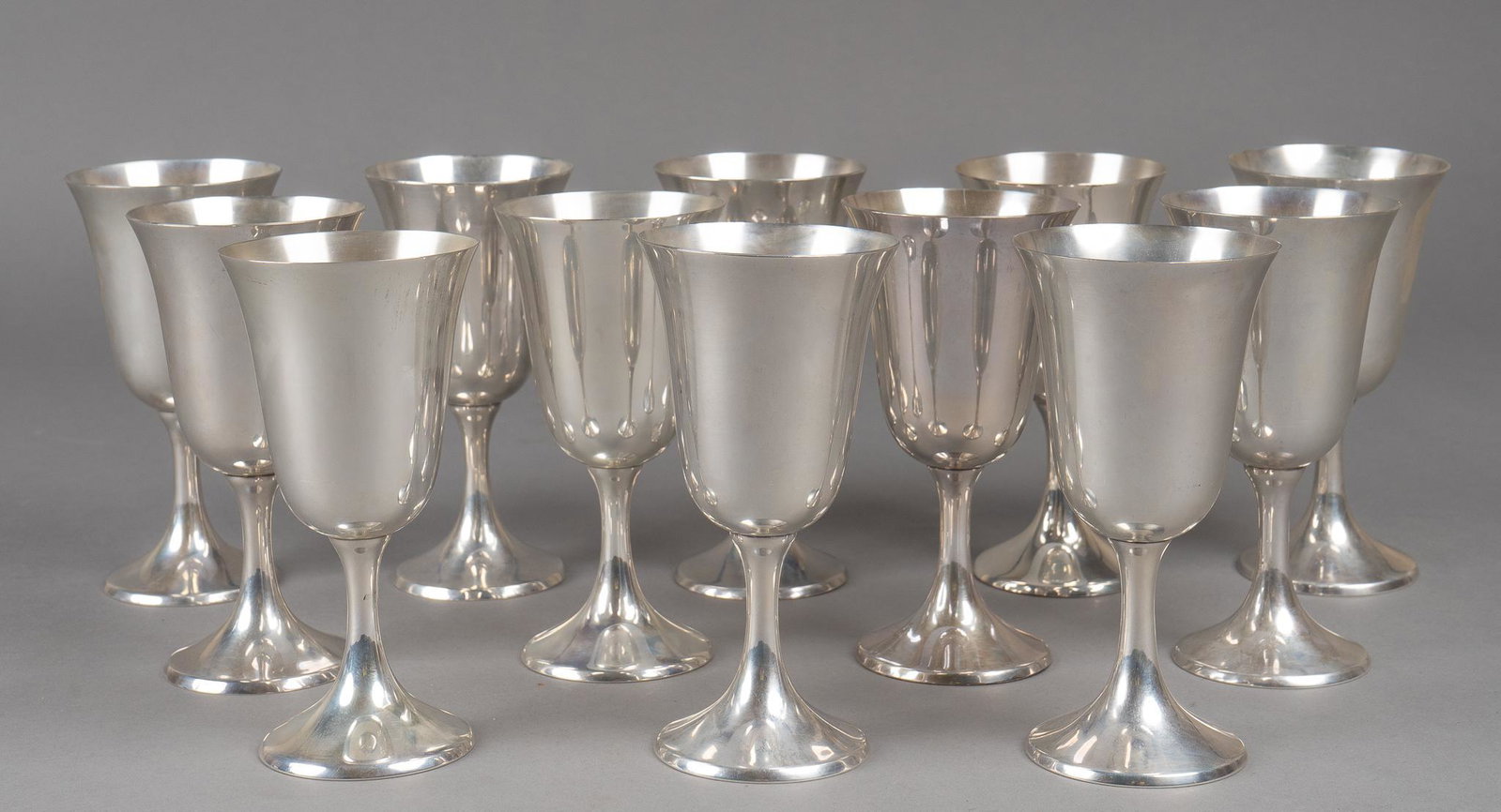 Manchester Sterling Silver Water Goblets set 12: Matching set of 12 sterling silver water goblets, no 808, from Manchester Silver Co; no monogram or removal. Height 6 5/8"; total weight 59.46 ozt Provenance: The collection of Bill and Pat Crome 