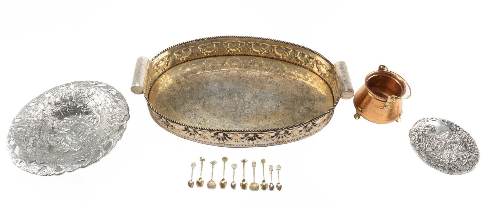 Collection of Decorative Metalwork: Collection of decorative metalwork , to include Arthur Court dish, featuring animal motif, one small Arthur Court wall plaque, one hammered copper and brass cauldron, one silver toned deep-welled serv