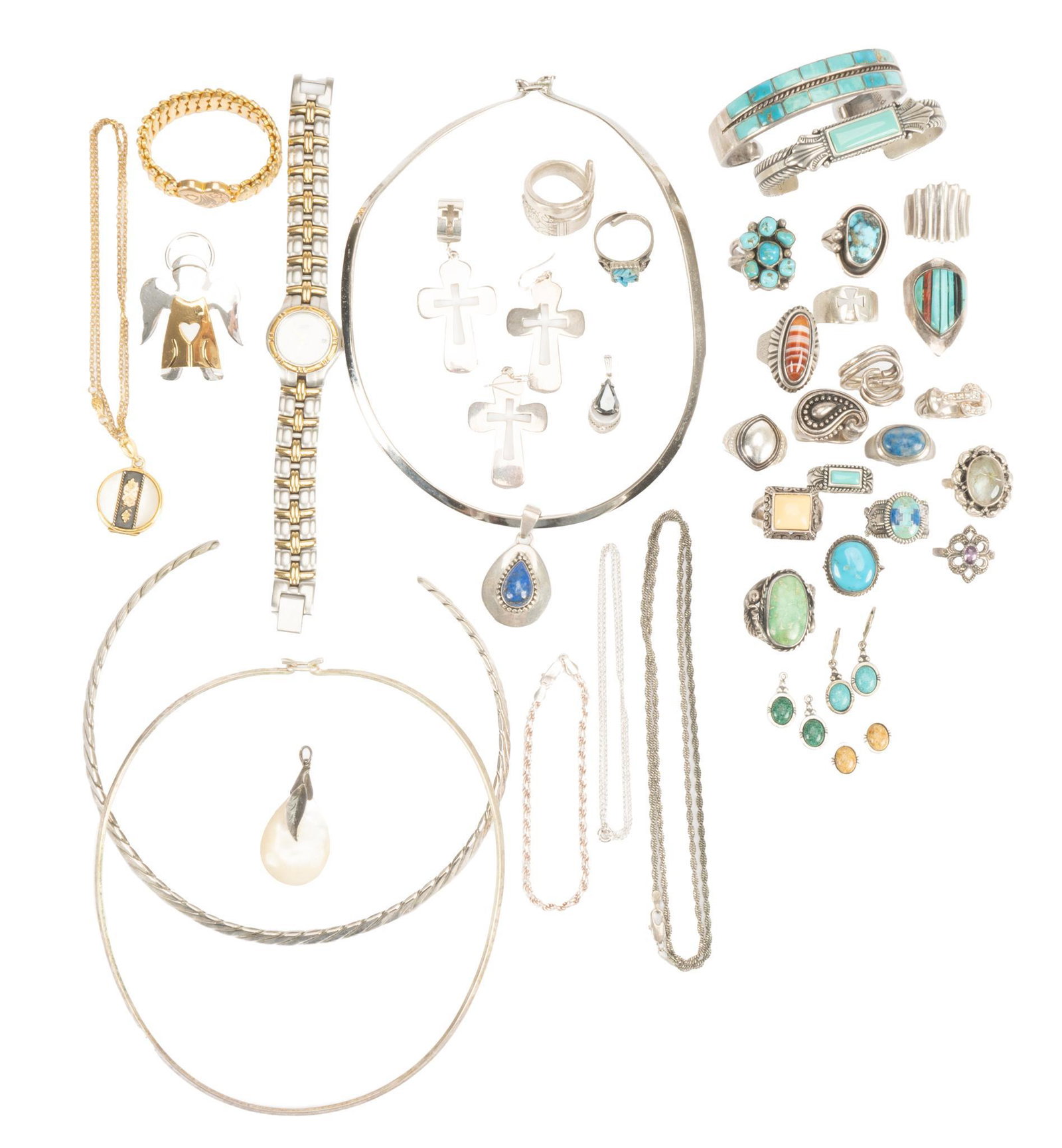 Collection of Sterling Silver Jewelry: Collection includes Southwestern style rings and bracelets, including some by designer Carolyn Pollack; as well as earrings, ear charms and chains (3 single earrings). Also included are small selectio