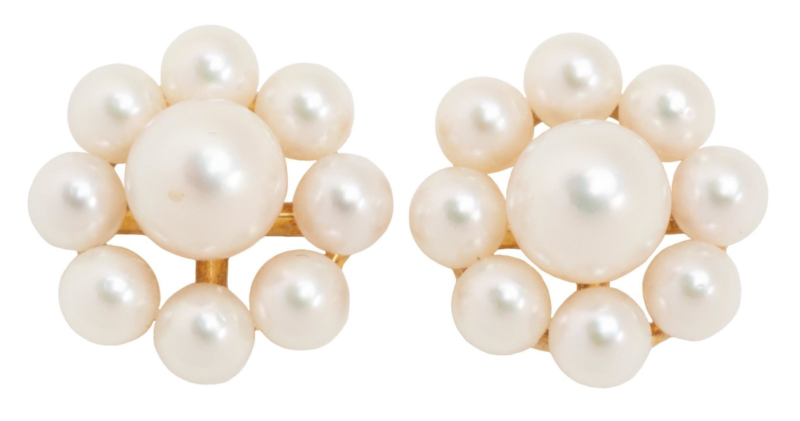 Mikimoto Pearl 18k Gold Flower Earrings: Mikimoto pearl flower earrings of removable jackets with 3.5-4mm pearls and studs of 6-6.5mm pearls set in 18k yellow gold; includes presentation box. Jacket diameter 9/16"; total weight 4.4 grams
