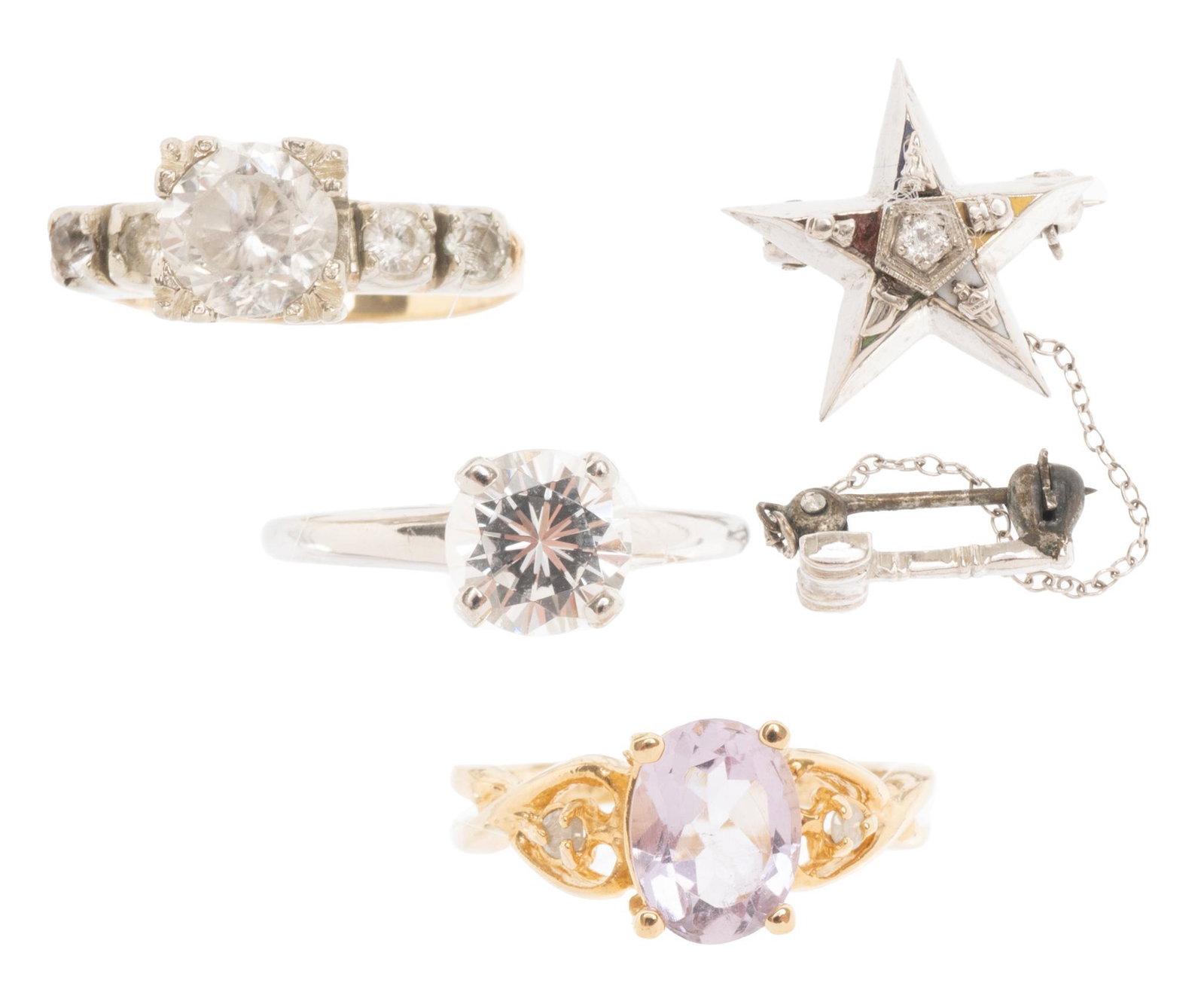 Collection of 14k Gold Rings Eastern Star Pin: Collection of vintage 10k and 14k gold rings set with spinels, Easter Star pin with diamond and gold electroplate ring with amethyst. Ring sizes 5; gold weight 8.8 grams Provenance: A San Antonio, Tex