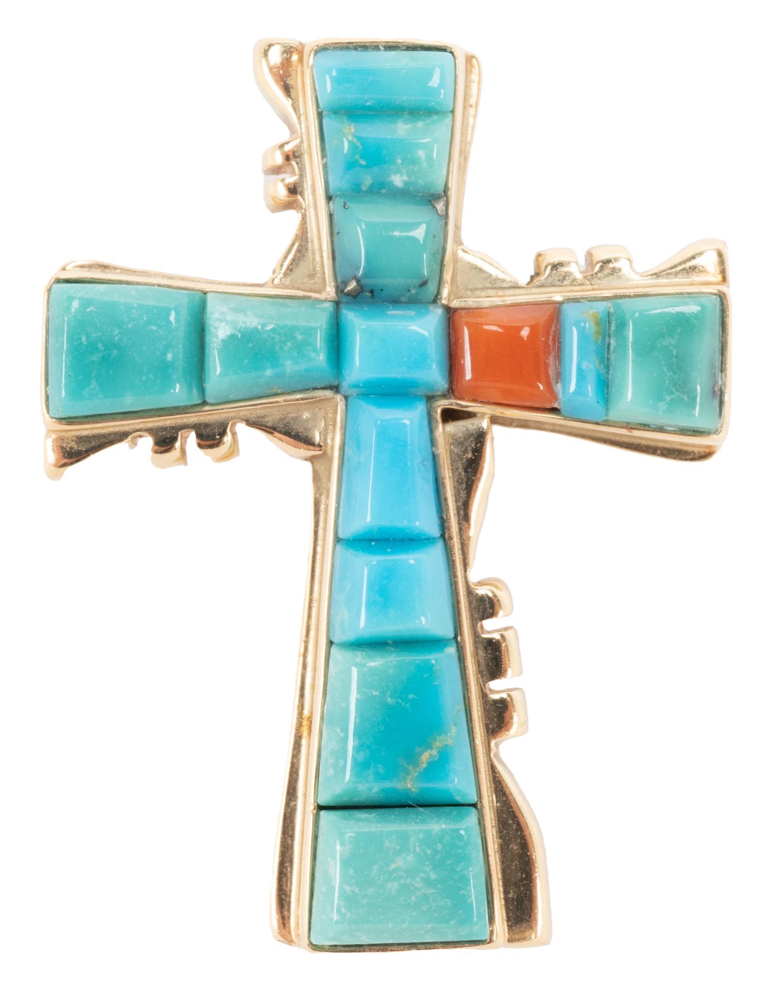 Turquoise Coral 14k Gold Cross Pendant (1 of 3)