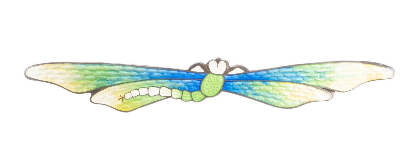 Art Nouveau Enamel Sterling Dragonfly Pin: Antique sterling silver brooch with guilloche enameling. Width 3 1/4"; total weight 9.1 grams Provenance: A San Antonio, Texas collection We happily provide seamless shipping services on everythin