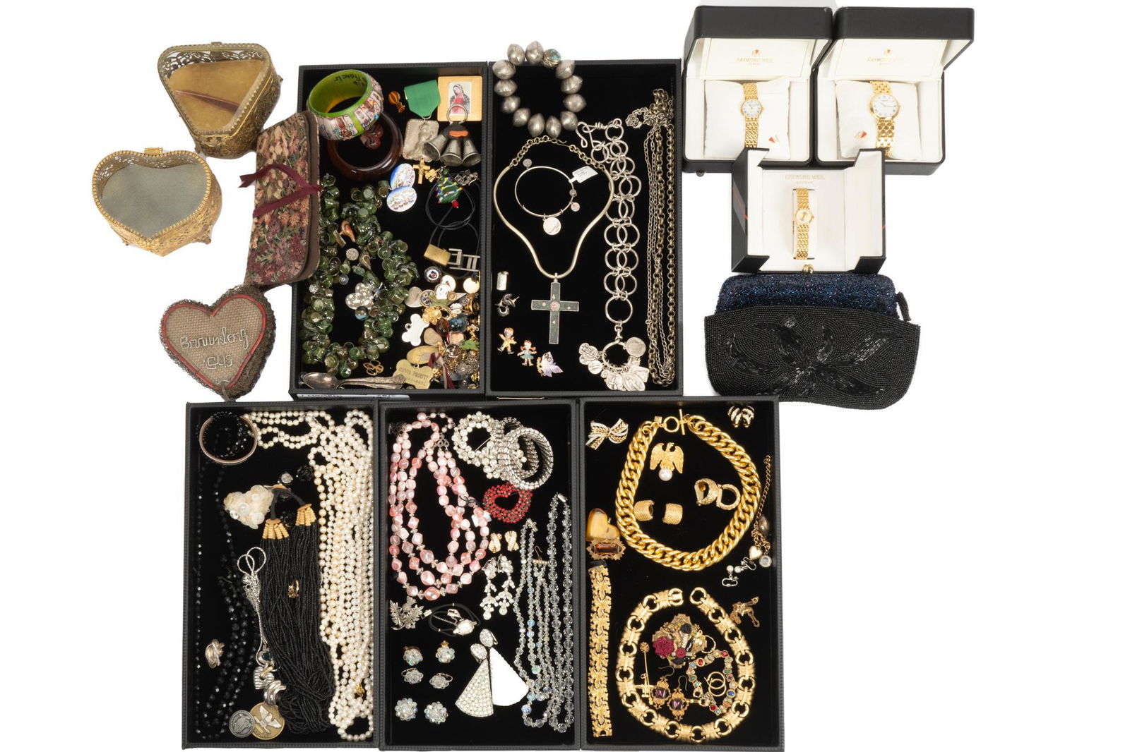 Collection of Vintage Costume Jewelry: Collection includes Raymond Weil 18k gold electroplate watches (needing batteries), pearl rope necklace, rhinestones, Ann Hand brooch, Anne Klein necklace, Givenchy earrings, faux pearls, glass beads,
