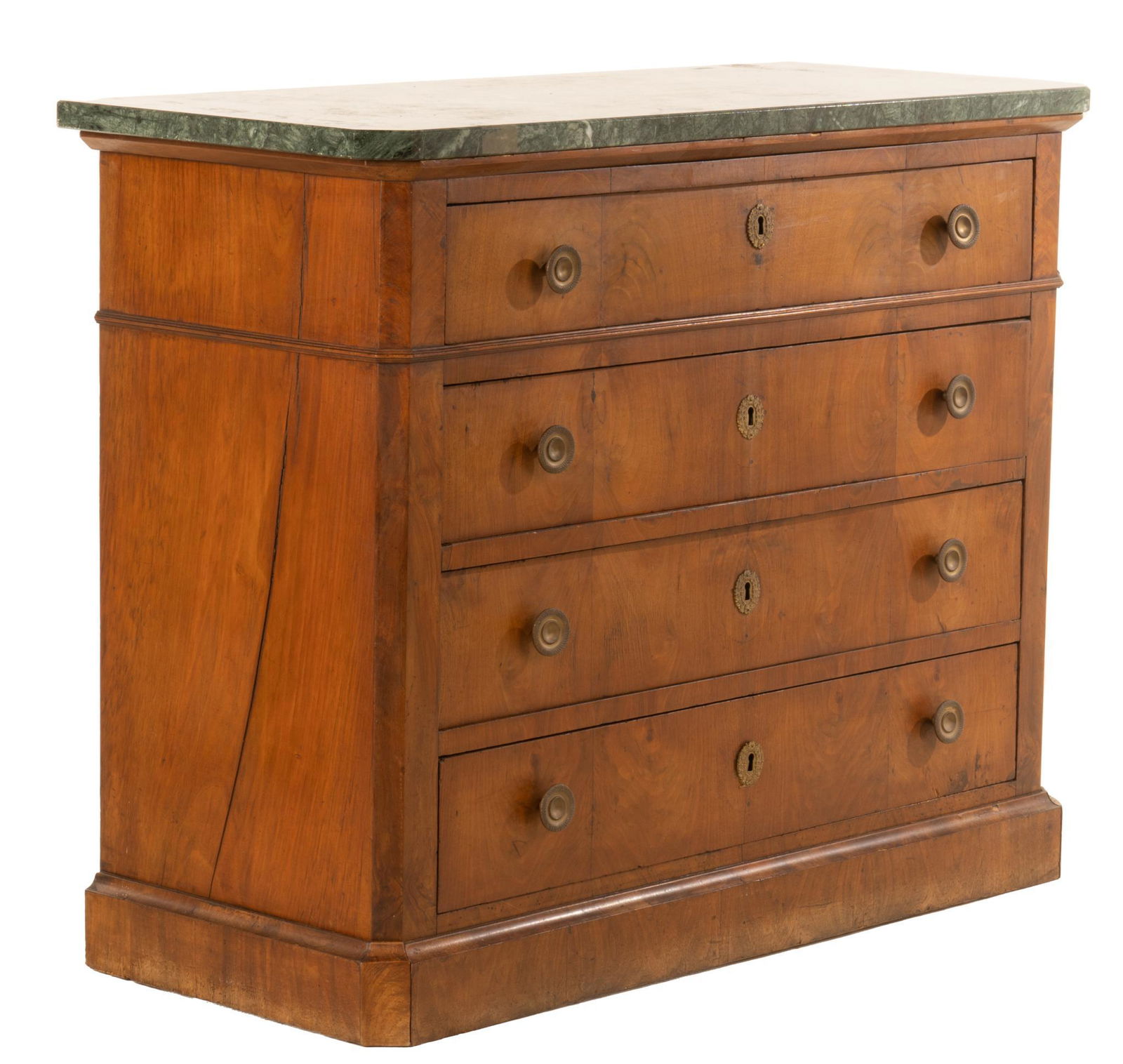 Louis Philippe Commode: Louis Philippe style walnut commode, having marble top over four stacked drawers, featuring brass hardware, supported on block base, circa 1860 36.5"h x 45.5"w 19"d Condition: crack in p