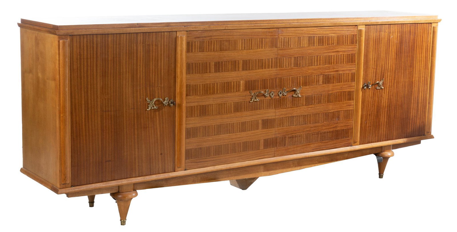 Art Nouveau-style Enfilade: Art Nouveau-style enfilade / sideboard of rectangular form having four sliding doors that open to a fitted interior that includes two fitted drawers, above shaped apron and supported on four turned le