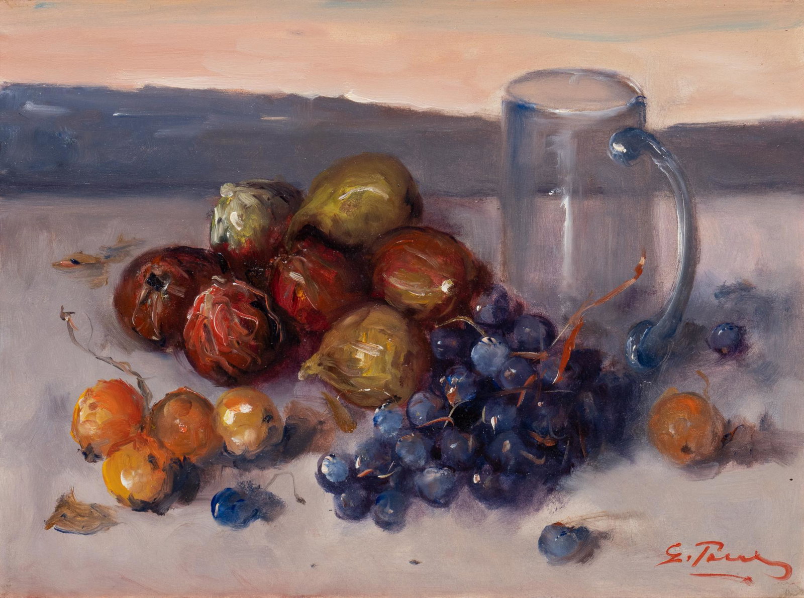 Giovanni Pane (Italian, 1928-2010), Still Life with Grapes & Tankard: Giovanni Pane (1928-2010), Still life with grapes & tankard, sight: 11.5 x 15.5", frame: 20.5 x 25" Provenance: The estate of noted oncologist Dr. Dennis Birenbaum, Dallas, Texas We happil