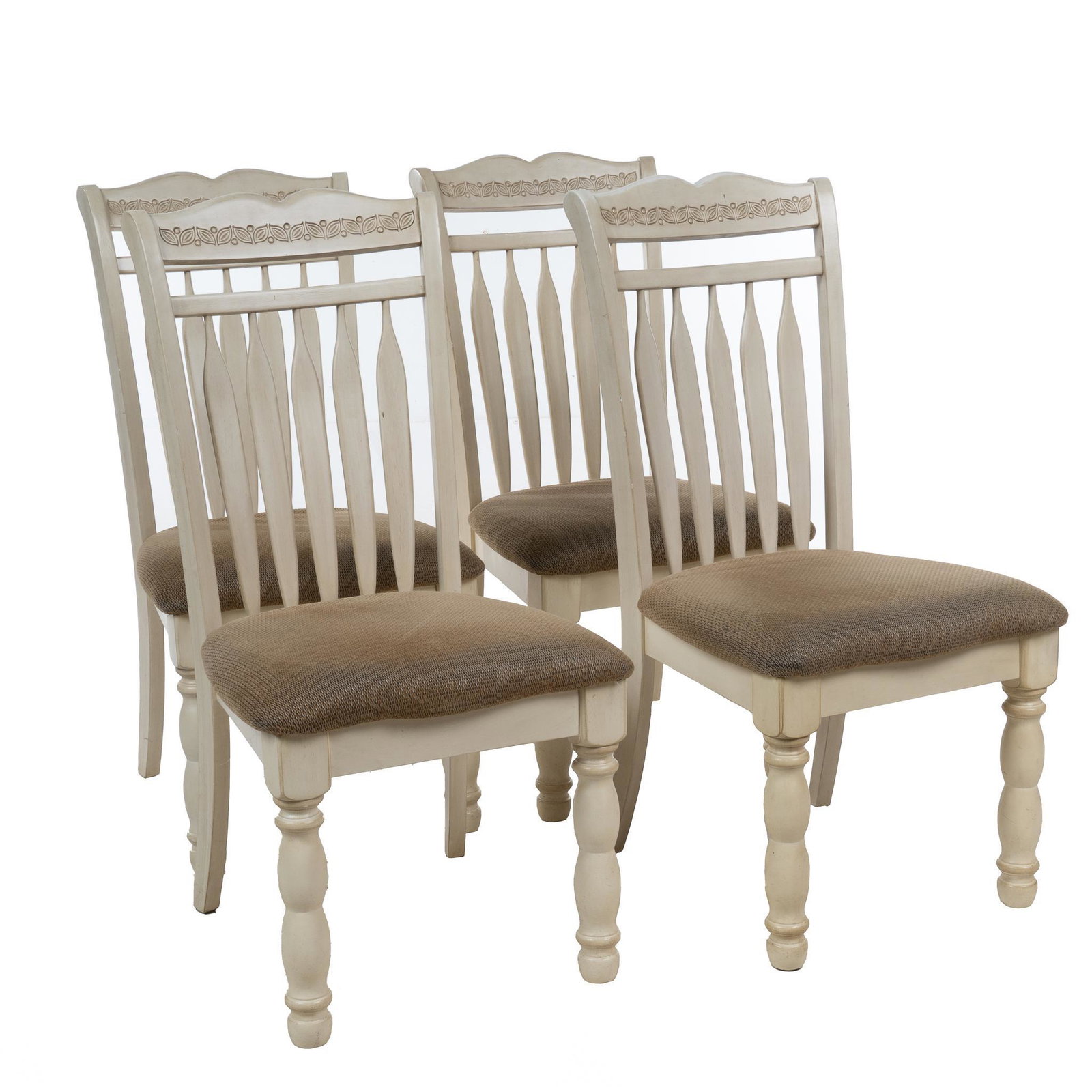 Set of (4) Farmhouse-style Dining Chairs: Matched set of four farmhouse-style dining chairs, each having carved detailing, splat back and cushioned upholstered seat 41"h x 20"w x 18"d Provenance: A Boerne, Texas collection We happ