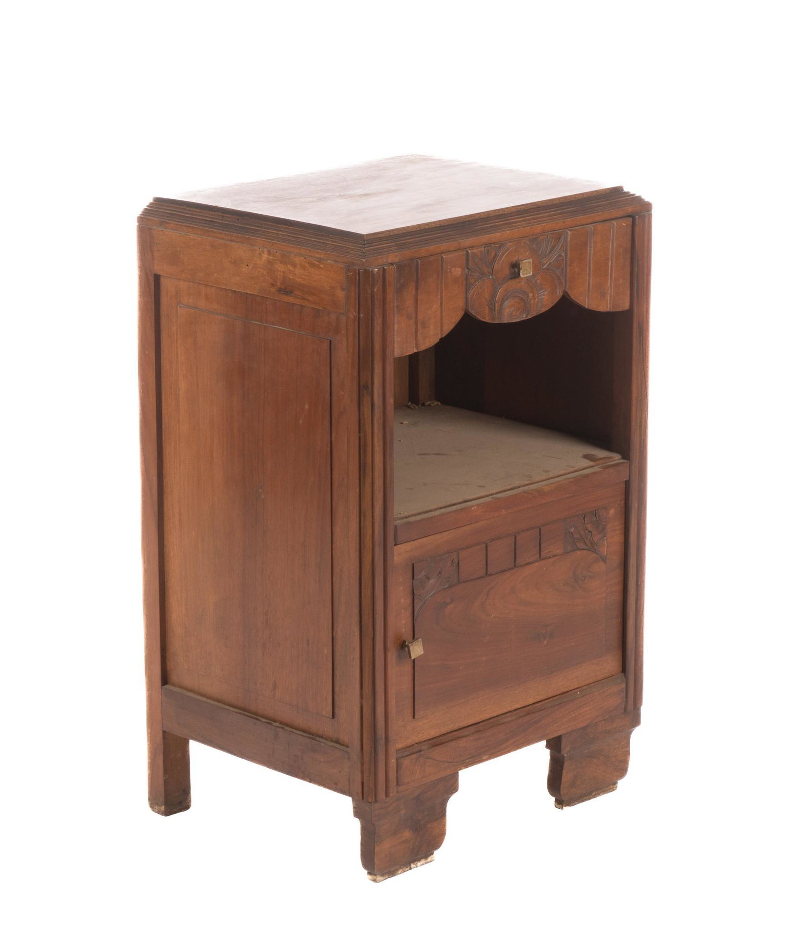 French Provincial Nightstand: French Provincial nightstand, having beveled top, above drawer, open cabinet space, featuring scalloped apron, over cabinet door, opening to interior storage, rising on block legs 27"h x 17"w 