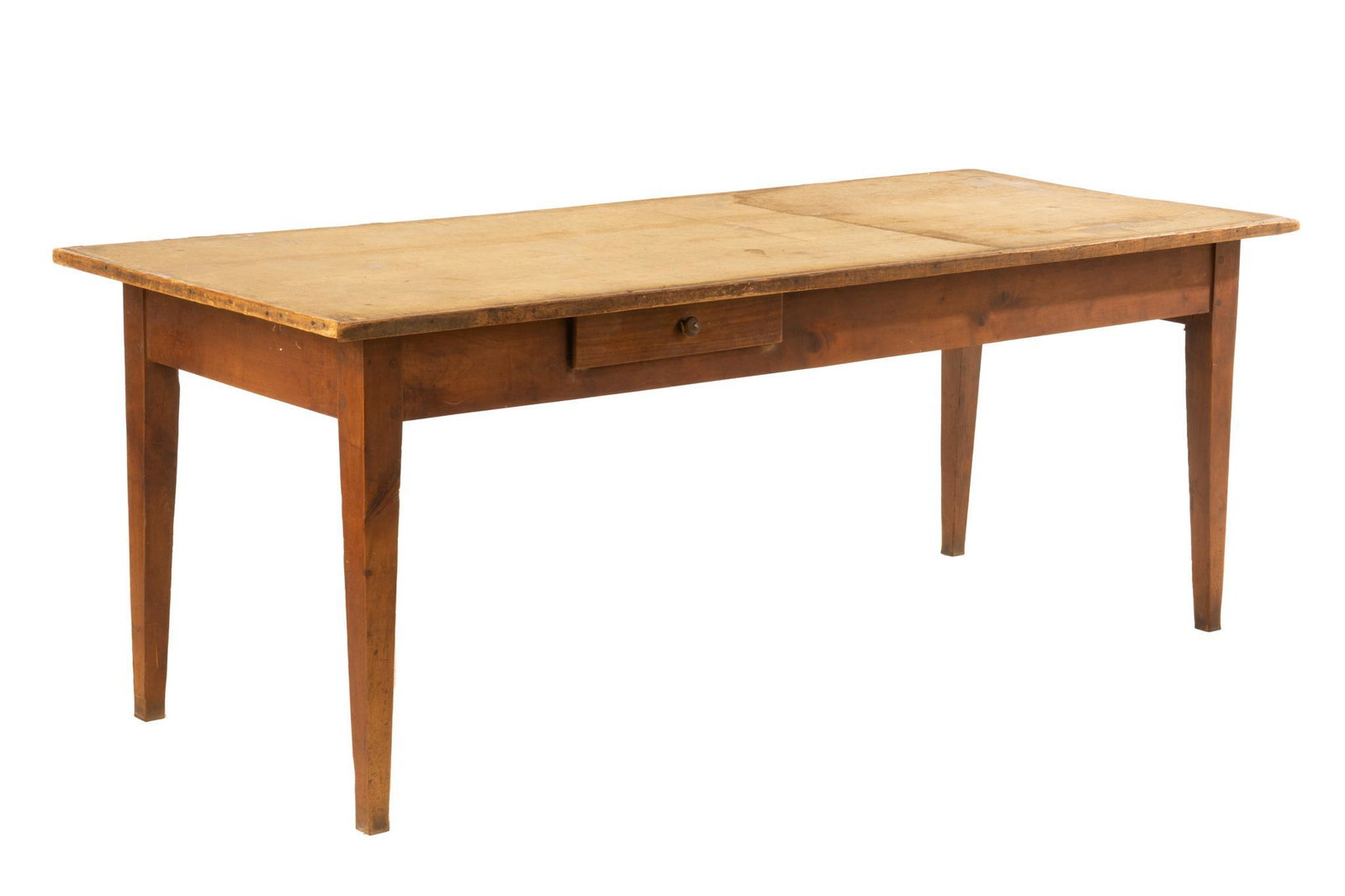 French Farmhouse Table: French farmhouse fruitwood table, having oversize top, a single silverware drawer and end end drawer opening to interior storage, rising on tapered block legs 30"h x 80"w x 30"d We happily
