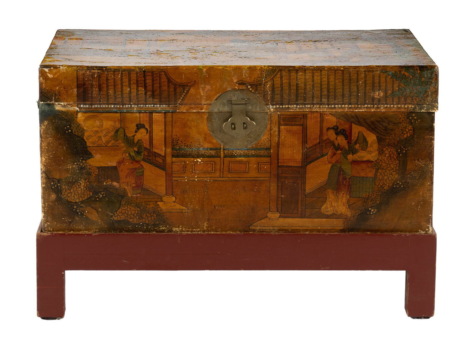 Decoupaged Chest on Stand: Trunk featuring decoupaged design of a classical scene, having hinged lid that opens to storage compartment, having heavy brass latch 18.5"h x 28.5"w x 18"d Condition: Top detached, damage
