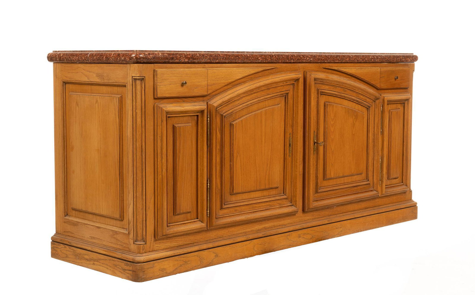 Marble Top Sideboard: Provincial-style sideboard having marble top above unfinished sideboard base featuring two hinged central doors that open to a shelved interior, flanked by two drawers, paneled carving throughout 34.5