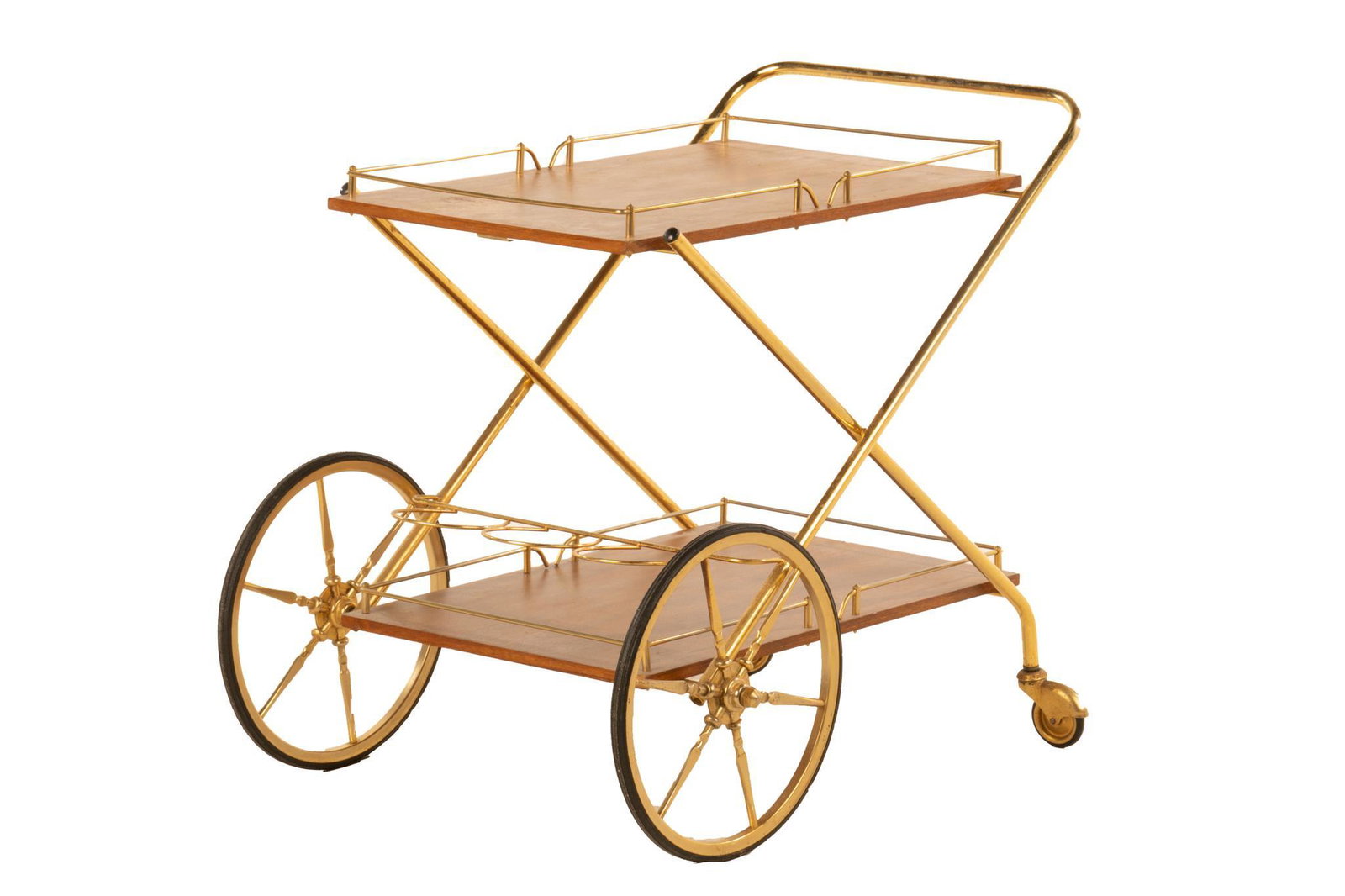 Art Nouveau Bar Cart: Art Nouveau two tiered bar cart, having shelves, brass toned metal frame, three bottle holders, on casters 27"h x 25"w x 21"d We happily provide seamless shipping services on everything we