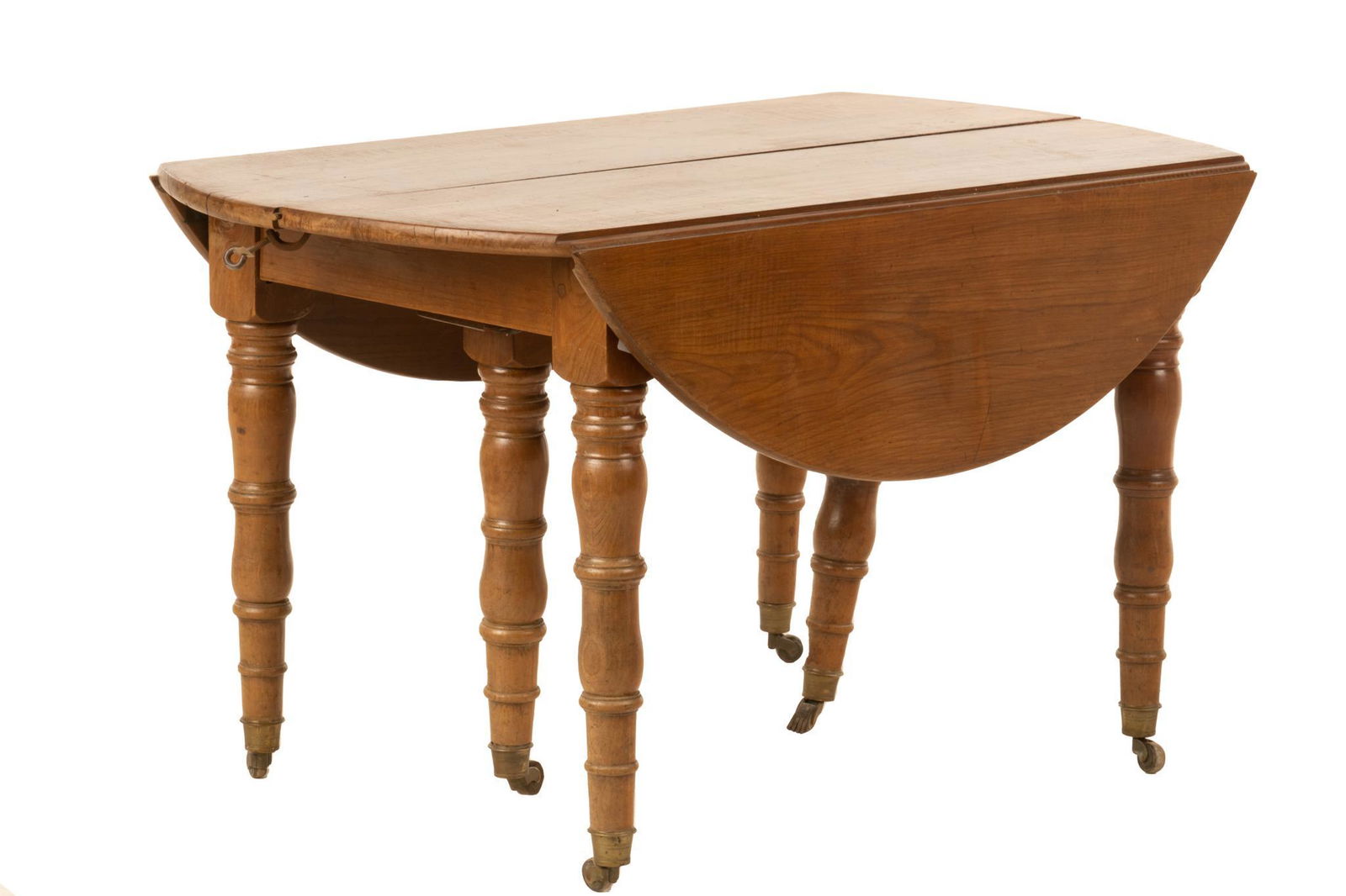 Louis Philippe Drop-Leaf Table: Louis Philippe style drop-leaf fruitwood table, having hinged round top, rising on turned legs, extends to 45" 26"h x 26.5"w x 45"d collapsed We happily provide seamless shipping ser