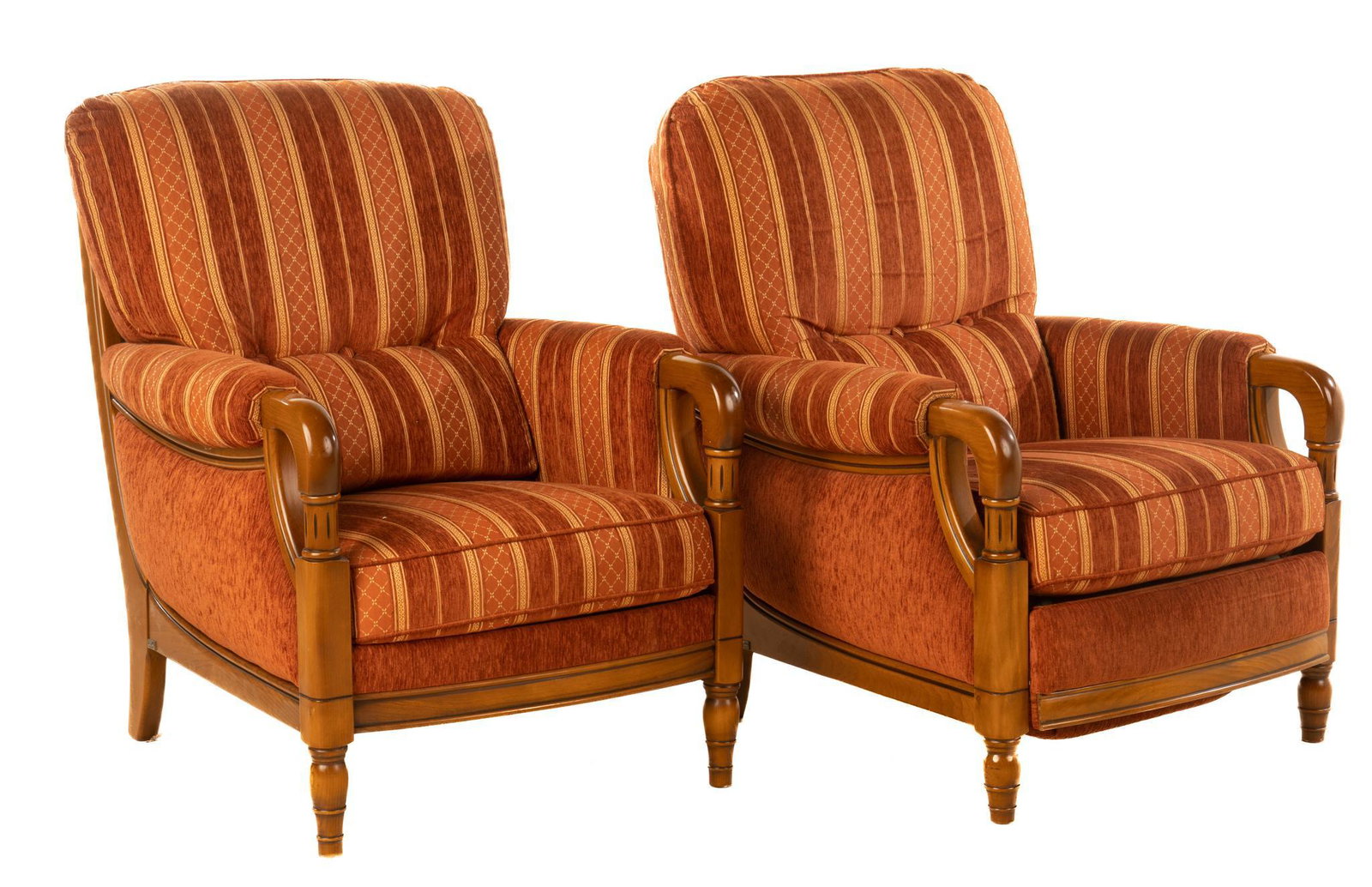 Pair of Upholstered Armchairs: Pair of upholstered reclining armchairs, having carved walnut frame and scroll back and fluted arms, rising on tapered legs 37"h x 29"w x 36"d We happily provide seamless shipping services