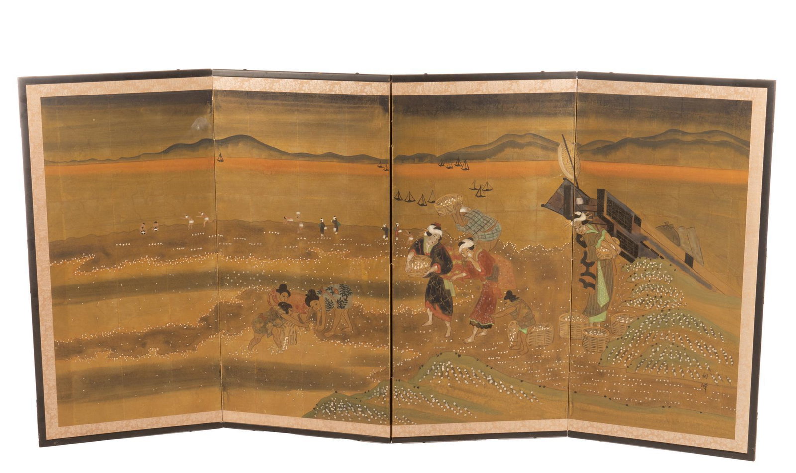 Japanese Folding Screen: Japanese folding screen, having four panels, depicting hand-painted agrarian scene 36"h x 70"w x 1"d Provenance: The Estate of Jane Ponton (Kerrville, Texas) We happily provide seamless sh