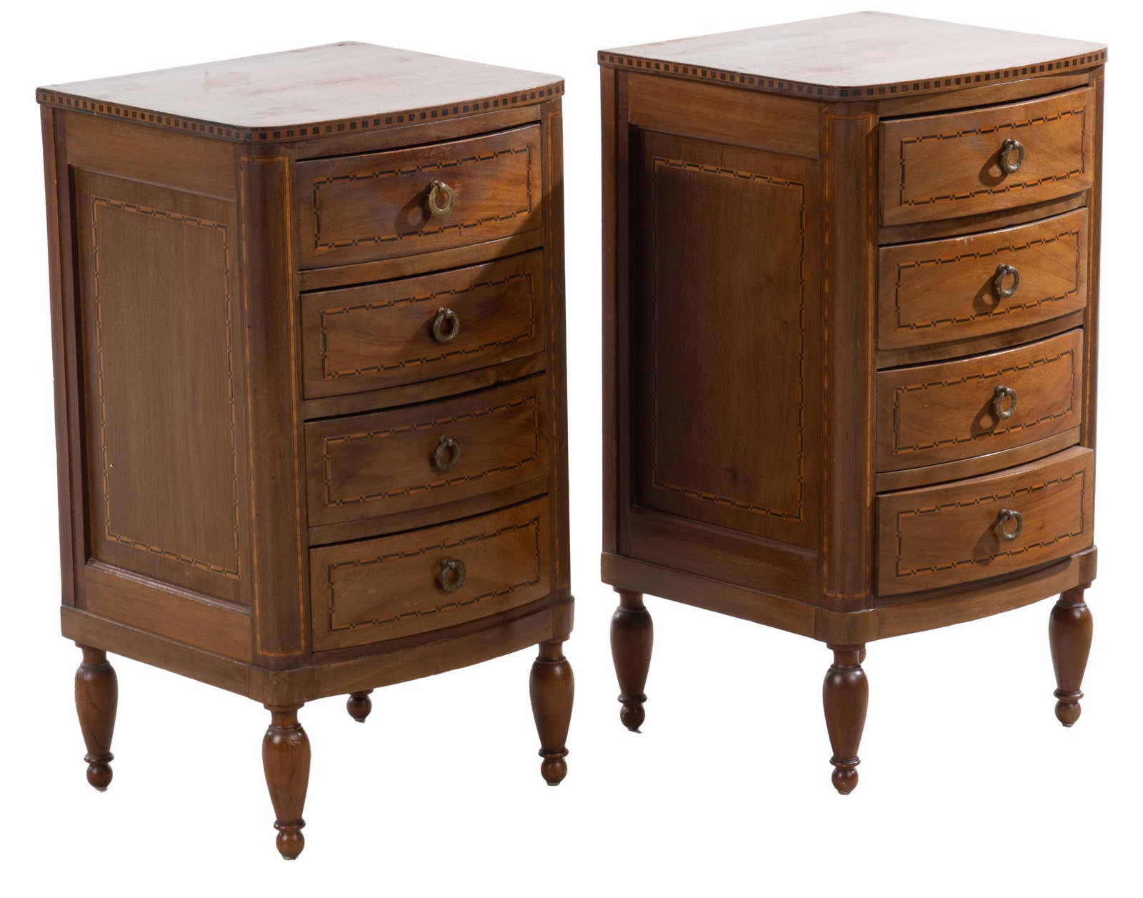 Pair of Art Nouveau Nightstands: Matched pair of Art Nouveau-style nightstands, each having four drawers within walnut case, suppoered on four turned legs 26"h x 14.5"w x 13"d We happily provide seamless shipping services