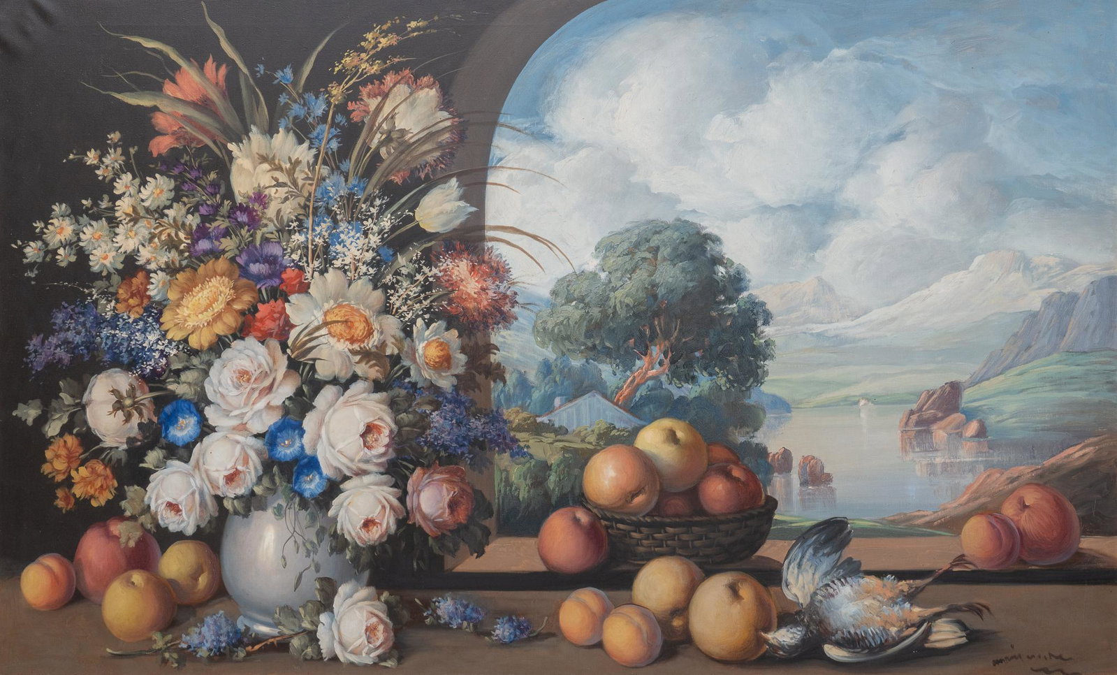 Still Life Flowers: Still life flowers, oil on canvas, signed illegibly, sight: 34 x 55", frame: 40 x 62" Provenance: A San Antonio, Texas collection We happily provide seamless shipping services on everything we
