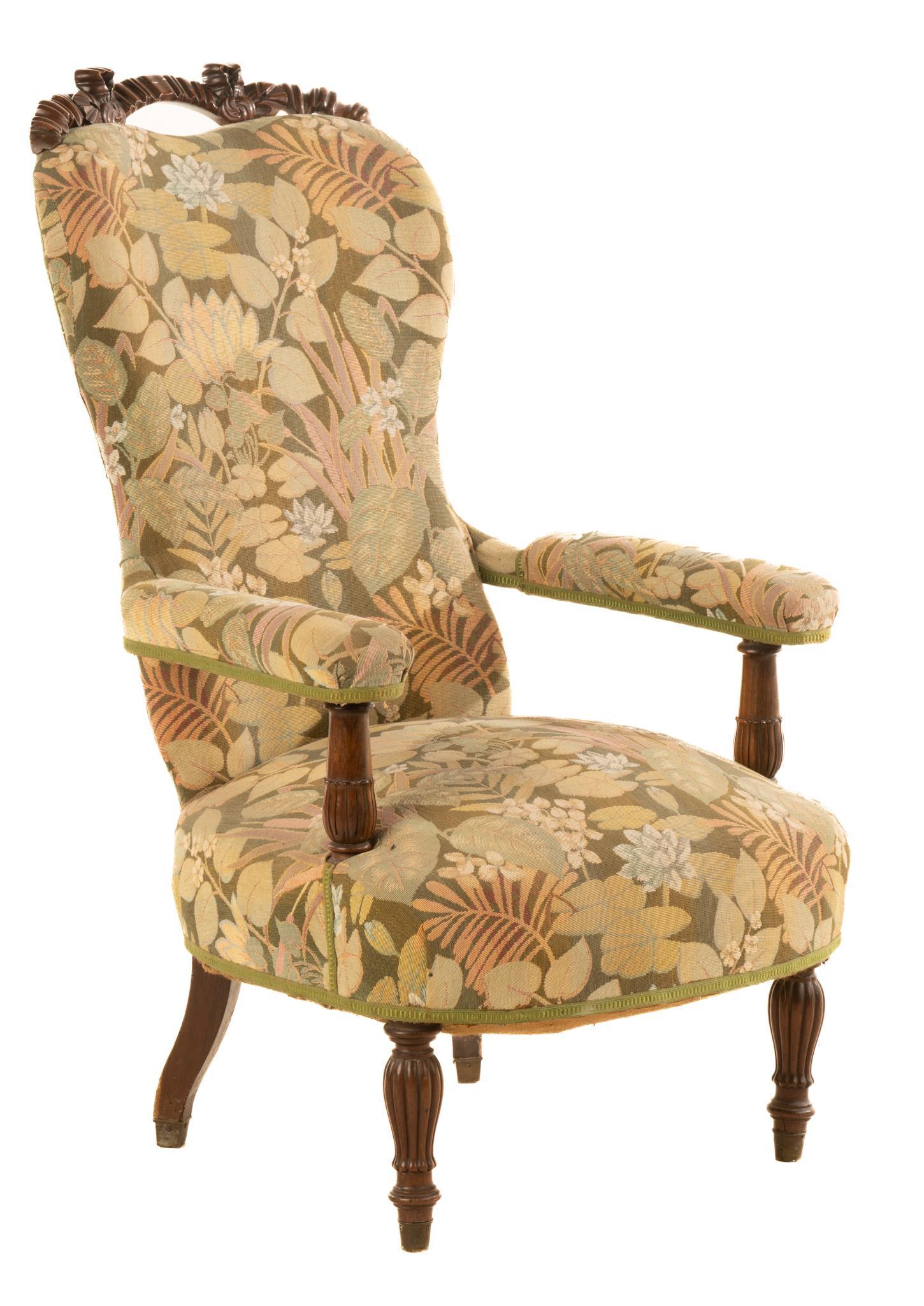 Upholstered Armchair: Upholstered armchair, having wooden frame and upholstered body, featuring leaf motif, rising on fluted legs 41"h x 24"w x 24"d We happily provide seamless shipping services on everything w