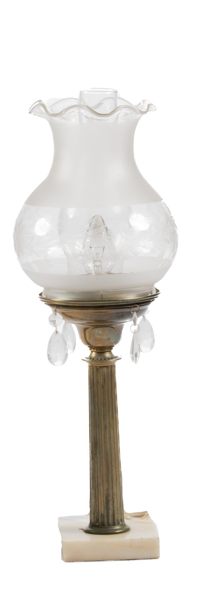 Vintage Astral Lamp: Vintage astral lamp, having glass tulip shade, featuring grape vine motif, supported on fluted column, supporting tear drop pendants, to include wiring 24"h x 9"w x 9"d We happily provide 