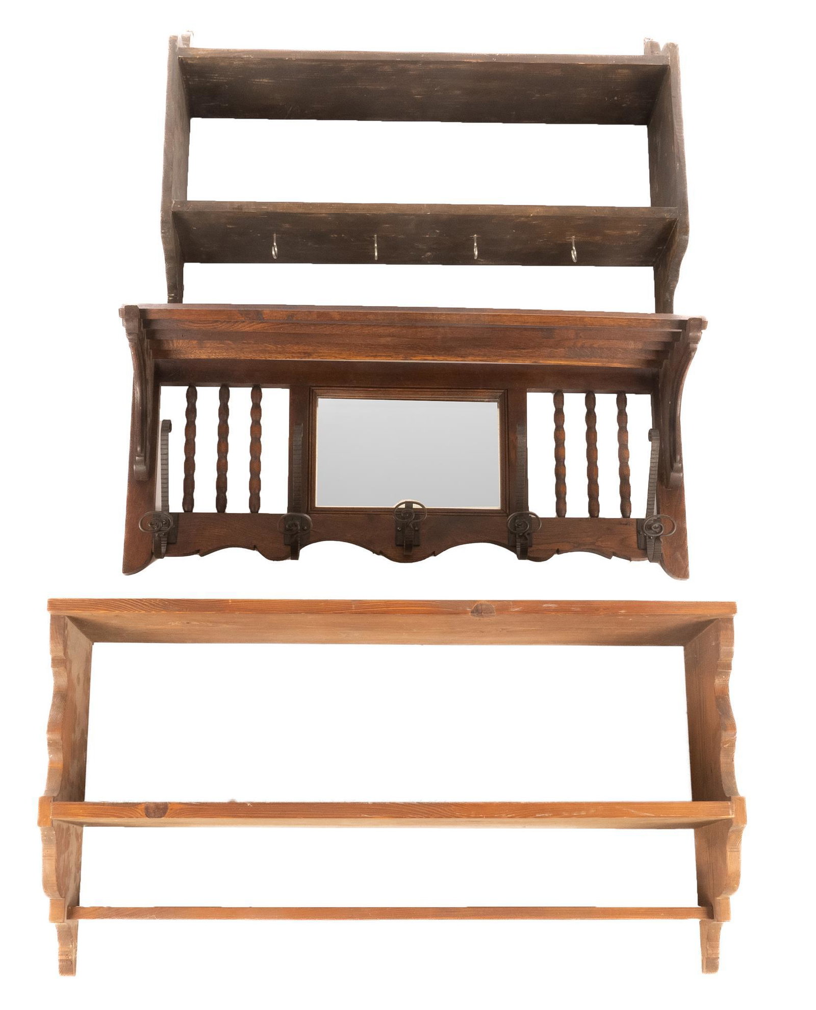 (3) Wooden Wall Racks: Lot of three unmatched wooden wall racks and shelves We happily provide seamless shipping services on everything we sell. Please email us at shipping@vogtauction.com or call 210-971-5750 for more 