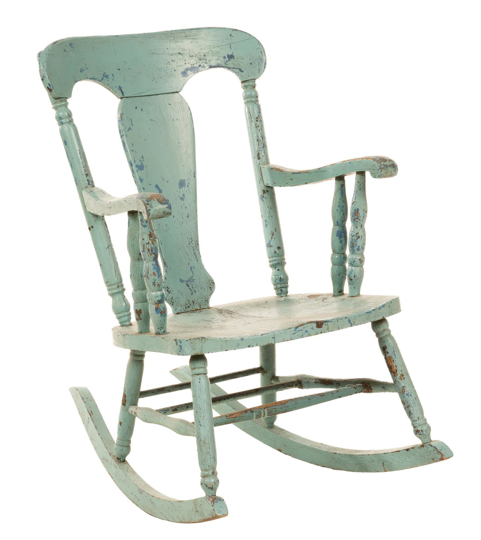 Vintage Farmhouse Rocking Chair: Vintage farmhouse rocking chair, featuring blue paint remnants, urn splat back, supported on rockers 36"h x 22"w x 32"d Provenance: The Estate of Ann Tobin (San Antonio, Texas) We happily 