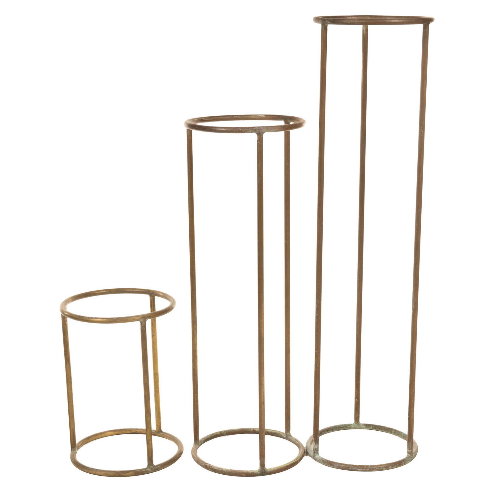 Set of (3) Modernist Plant Stands: Graduating set of three matching modernist-style metal plant stands 54"h x 14.5"w x 14.5"d / tallest Provenance: The Estate of Ann Tobin (San Antonio, Texas) We happily provide seamless sh