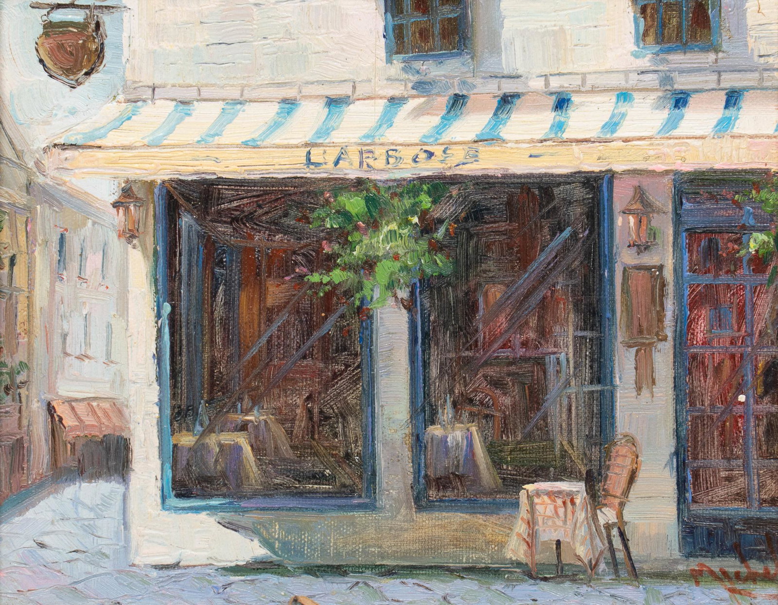 Michel, French Street Scene: Michel, French street scene, oil on canvas, sight: 7.5 x 9.5", frame: 18 x 20" Provenance: A San Antonio, Texas collection We happily provide seamless shipping services on everything we sell. 