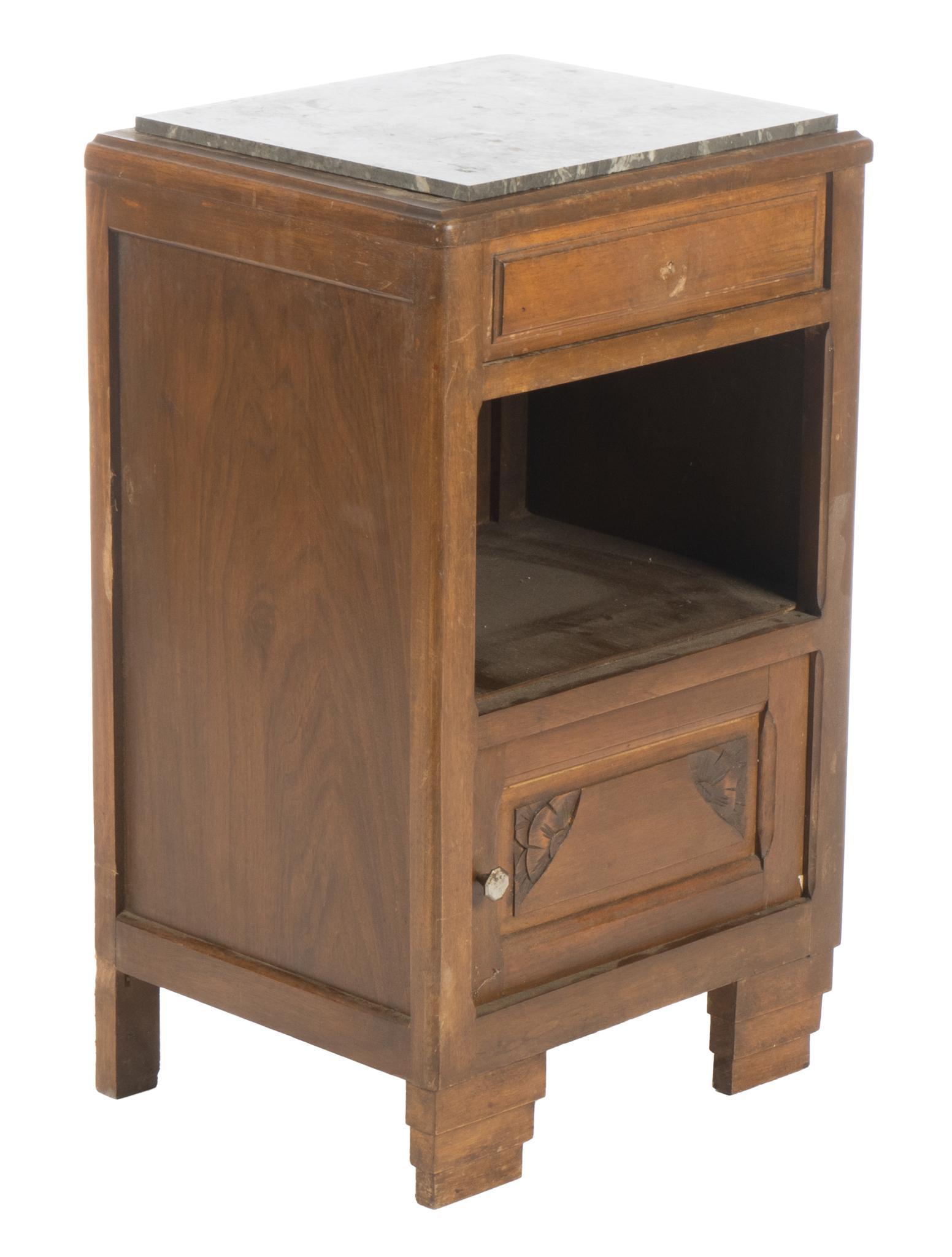 Louis Philippe Style Nightstand: Louis Philippe style nightstand, having marble top, above drawer, open storage, over drawer, rising on block feet 26.5"h x 16"w x 13"d Condition: missing handle on top drawer We happily pr