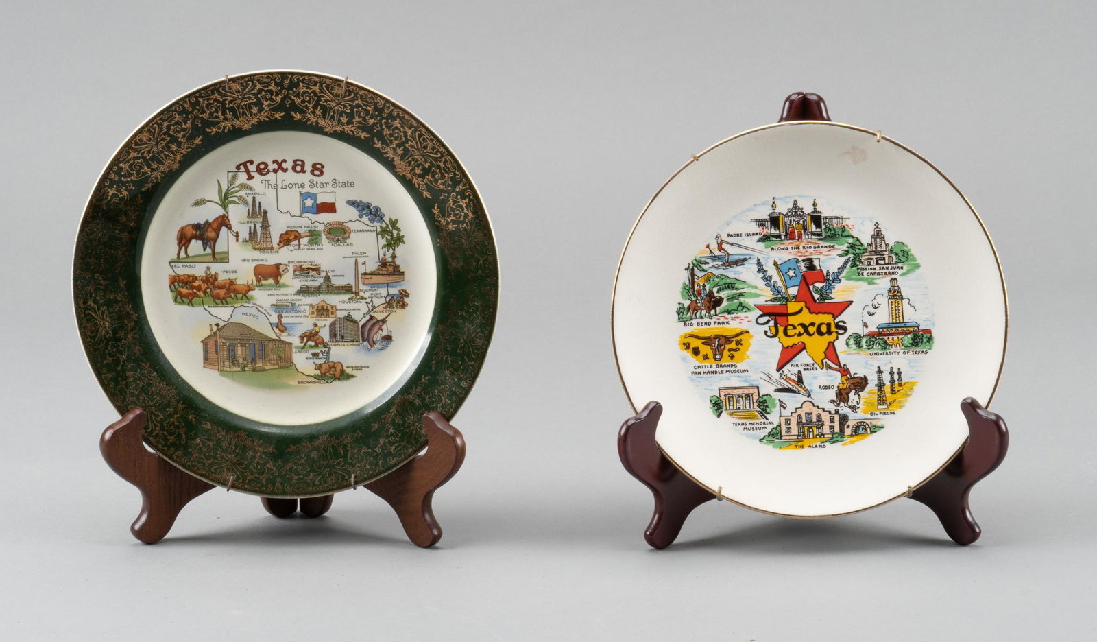 Pair of Texas Decorative Charger Plates: Pair of decorative charger plates, depicting iconic Texas sites and events, marked 10" diameter / largest Provenance: The Estate of Ann Tobin (San Antonio, Texas) We happily provide seamless shipp
