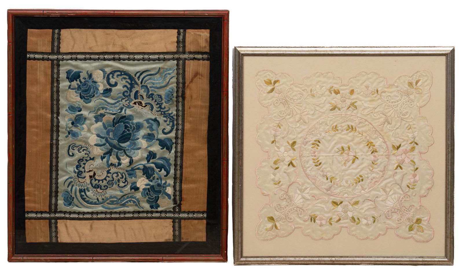 Set of Embroidered Silk Handkerchiefs (2): Set of embroidered silk handkerchiefs, sight: 15.5 x 13", frame: 18 x 16" We happily provide seamless shipping services on everything we sell. Please email us at shipping@vogtauction.com