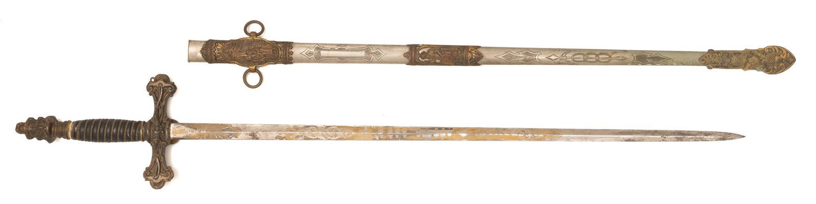 20th c. IOOF Fraternal Dress Sword w/ Scabbard: Independent Order of Odd Fellows Fraternal Sword by Pettibone Bros. MFG. Co. Blade length: 27.5" long Overall length: 36.5" long Condition: hilt is coming loose from handle; rusting on blade a
