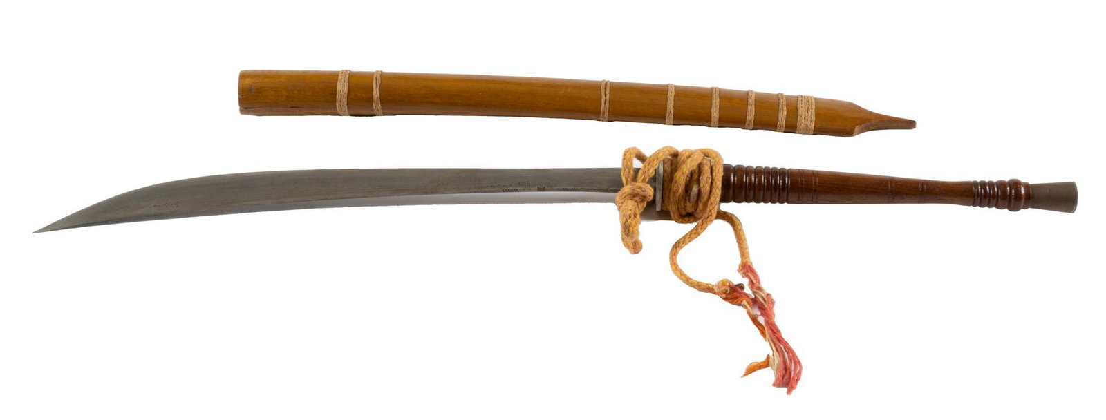 20th C. Burmese Ceremonial Dha Short Sword: 20th C. Burmese Ceremonial Dha Short Sword, includes wooden scabbard 35.5"h x 4"w x 4"d Provenance: A San Antonio, Texas collection We happily provide seamless shipping services on everyth