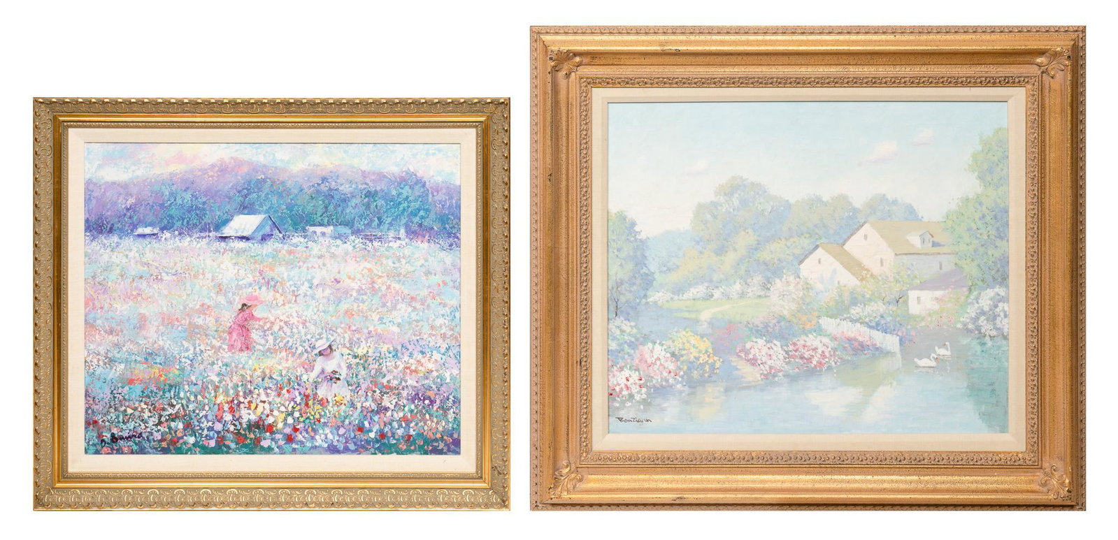 Pair of Homesteads with Fields of Flowers Paintings (2): Pair of homesteads with fields of flowers paintings (2), one signed Ben Zigan (American, 20th C.), one signed illegibly, oil on canvas, sight: 20 x 24", frame: 25.5 x 29.5" Provenance: The est