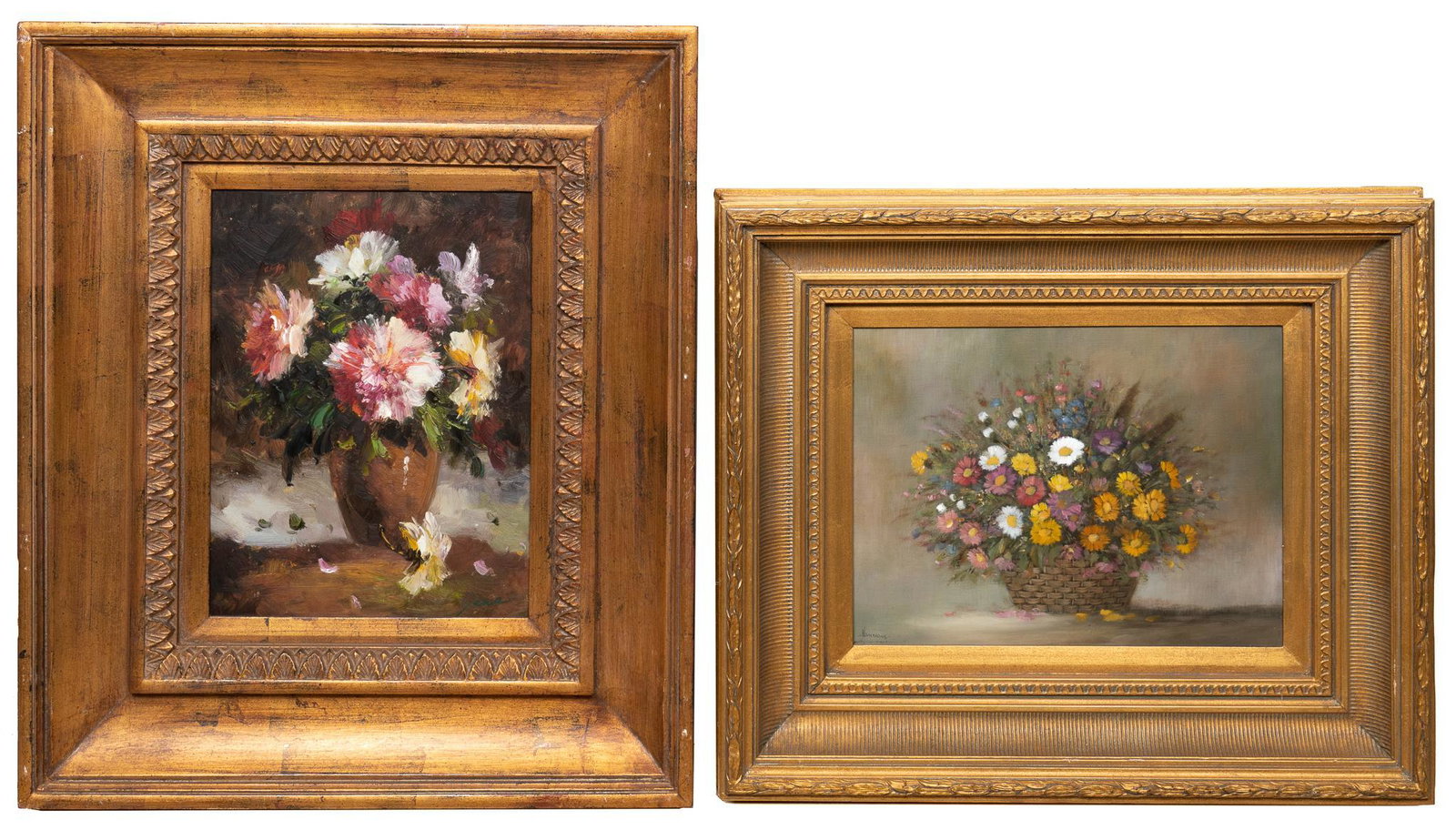 Pair of Floral Still Lifes (2): Pair of floral still lifes (2), one signed Jane and one signed Maumann, oil on canvas, sight: 23 x19", frame: 28 x 24" Provenance: The estate of noted oncologist Dr. Dennis Birenbaum, Dallas, 