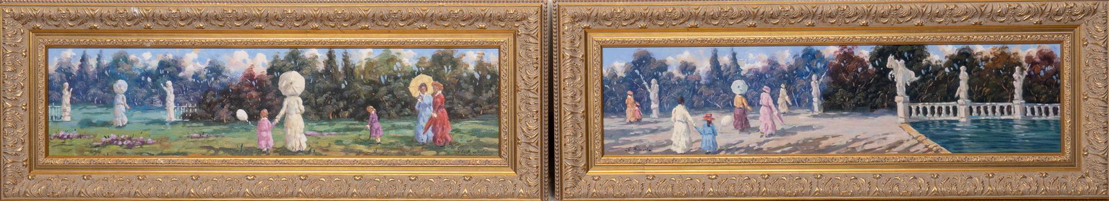 C. Rossini, "Figure", Pair of Impressionist Garden Scenes (2): C. Rossini, "Figure", pair of Impressionist garden scenes (2), oil on canvas, sight: 8 x 31" Provenance: The estate of noted oncologist Dr. Dennis Birenbaum, Dallas, Texas We happily provi