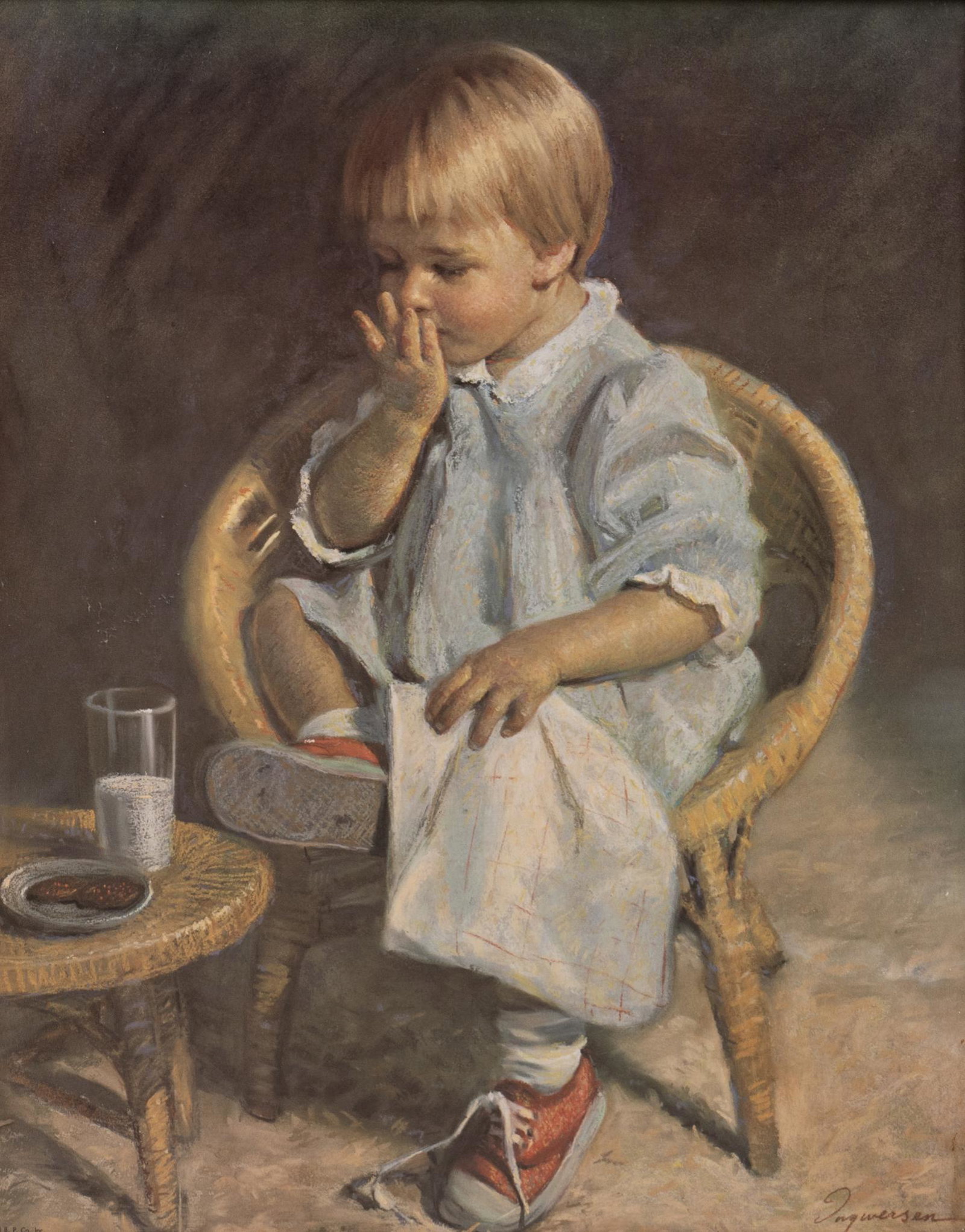 James J. Ingwersen, (American, 20th C.), Portrait of Girl with Cookies: James J. Ingwersen (American, 20th C.), portrait of girl with cookies, print, image: 20 x 16", frame: 22 x 17" James J. Ingwersen is a classical realist painter who works in oils and pastels. 
