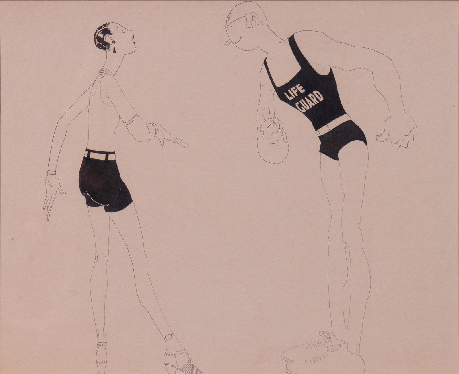 John Held Jr. (1889-1958, American), "May I Save You?" & "Hell's Angels", 1952: John Held Jr. (1889-1958, American), "May I Save You" & "Hell's Angels", 1952, pen and ink illustration, sight: 10 x 12", frame: 16 x 18" A cartoonist, illustrator and