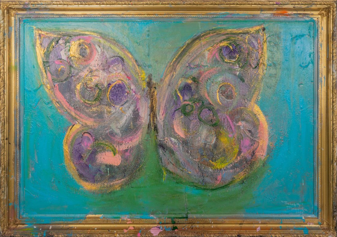 Franco Mondini Ruiz (b.1961, TX), "The Lady Fly", 2022: Franco Mondini Ruiz (b.1961, Texas), "The Lady Fly", 2022, oil on board, signed, 58 x 82" Mondini-Ruiz is an American artist who lives and works in San Antonio, Texas, and New York City. According to 
