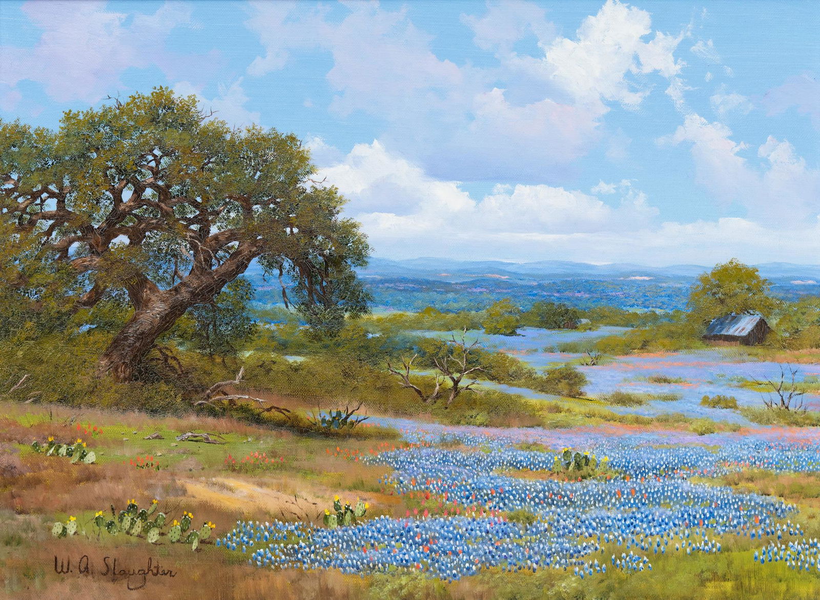 William A. Slaughter, Hill Country Bluebonnets: William A. Slaughter (San Antonio, Texas, 1923-2003), Hill Country bluebonnets, oil on canvas, sight: 18 x 24", frame: 23.5 x 29.5" Provenance: A Trophy Club, Texas collection William A. Slaughter w