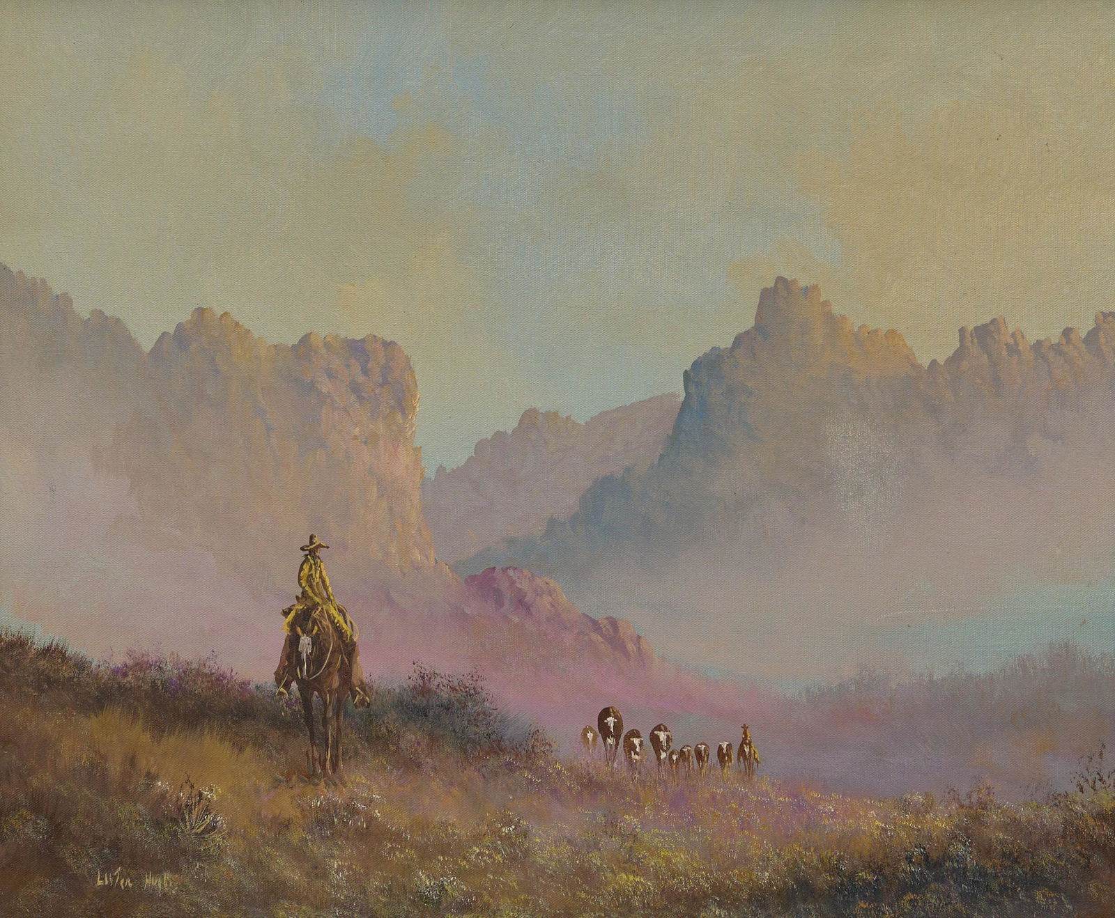 Lester Hughes, Cowboys with Herd: Lester Hughes (El Paso, Texas, b. 1940), cowboys with herd, oil on canvas, sight: 20 x 24", frame: 27 x 31" Provenance: A Victoria, Texas collection Lester Hughes is an El Paso, Texas based artist w