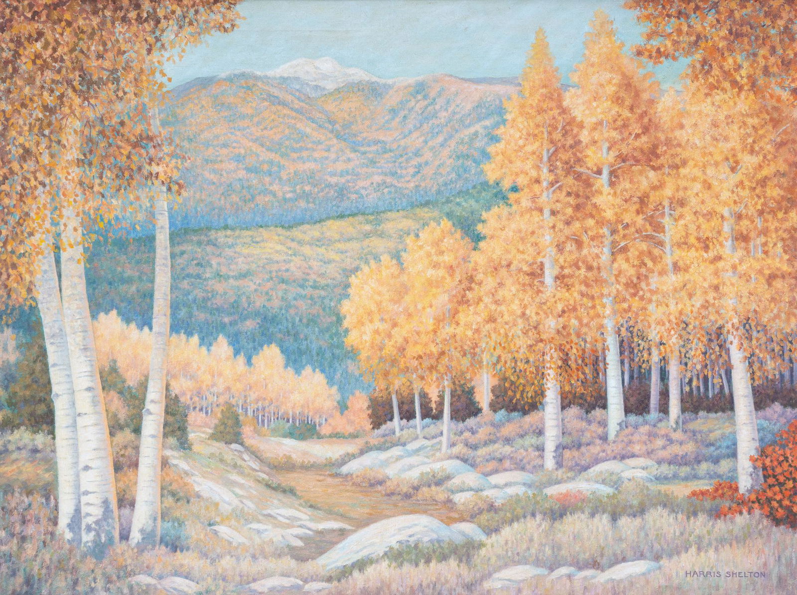 Harris Shelton, Autumn Landscape: Harris Shelton (El Paso, Texas 1896-1976), autumn landscape near the Colorado-New Mexico border, oil on canvas, sight: 24 x 32", frame: 31 x 39.5" Provenance: A Fredericksburg, Texas collection Harr