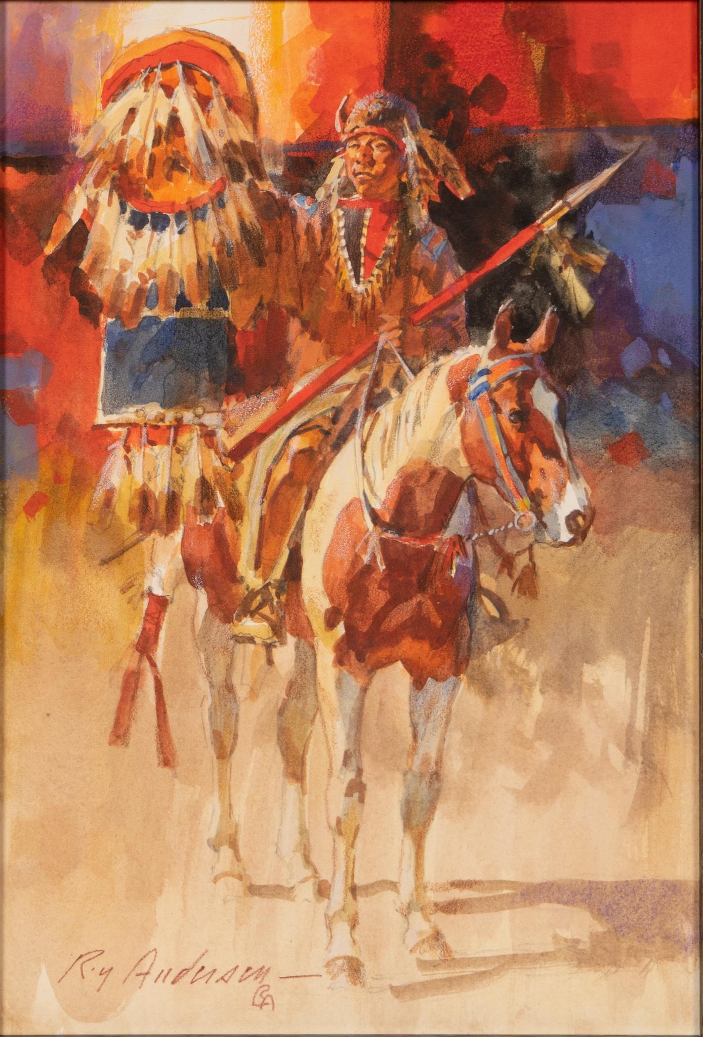 Roy Andersen, Native American on Horseback: Roy Andersen (New Hampshire/Arizona, 1930-2019), Native American on horseback, watercolor, sight: 10 x 8", frame: 20 x 17" Provenance: A Kerrville, Texas collection Roy Andersen is famed for his col
